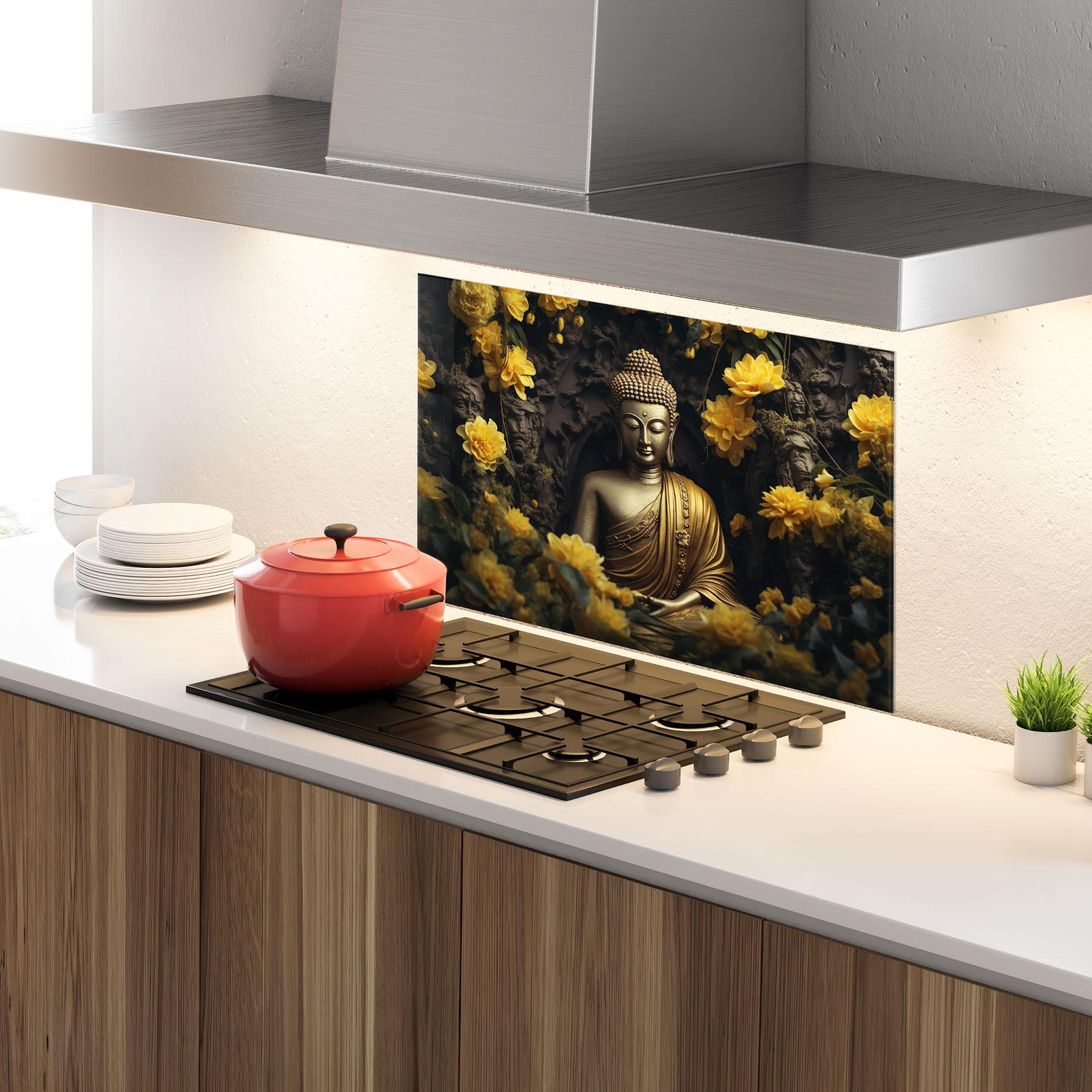 Konyhai üveg hátfal Gold Buddha Flowers mockup 4