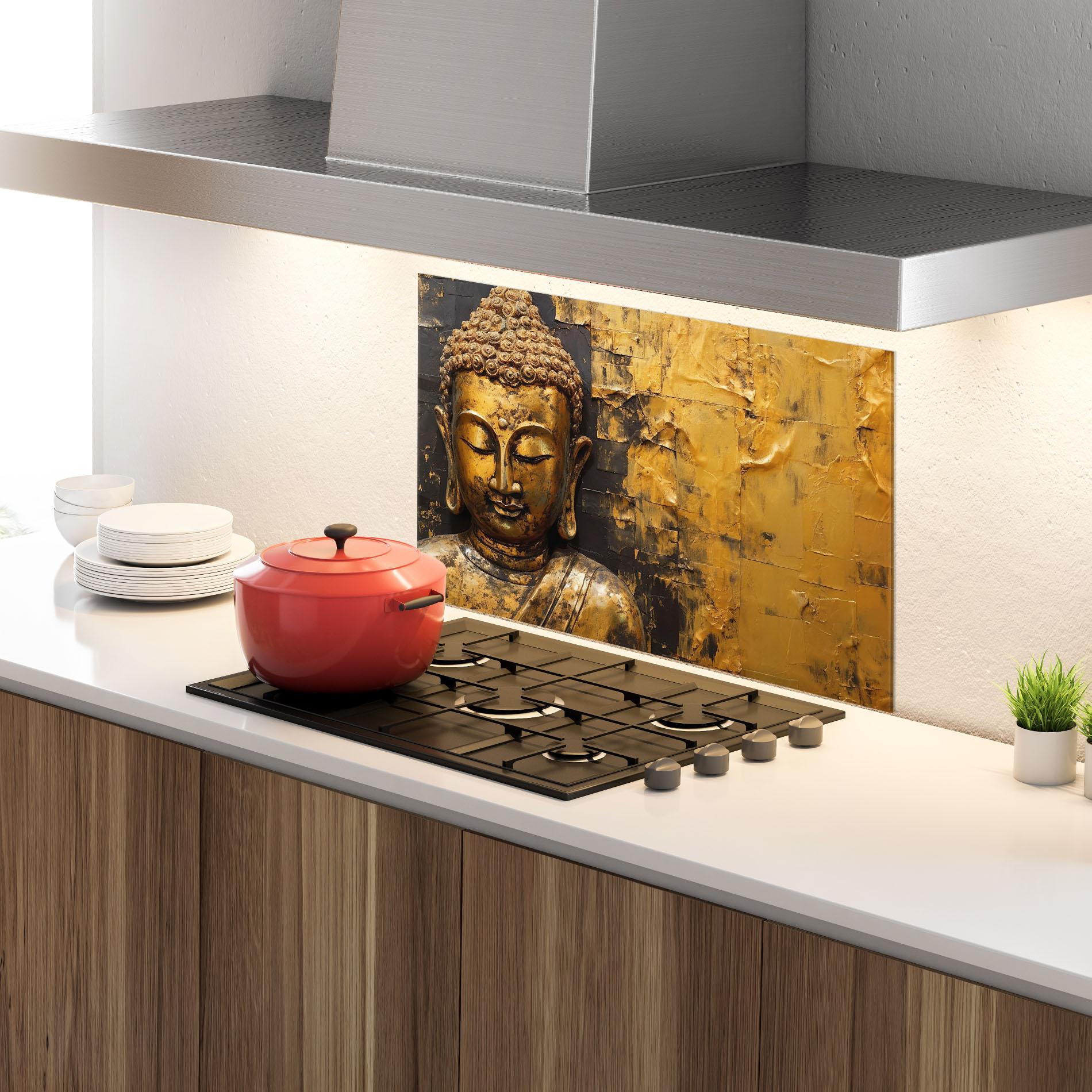 Konyhai üveg hátfal Gold Paint Buddha mockup 4
