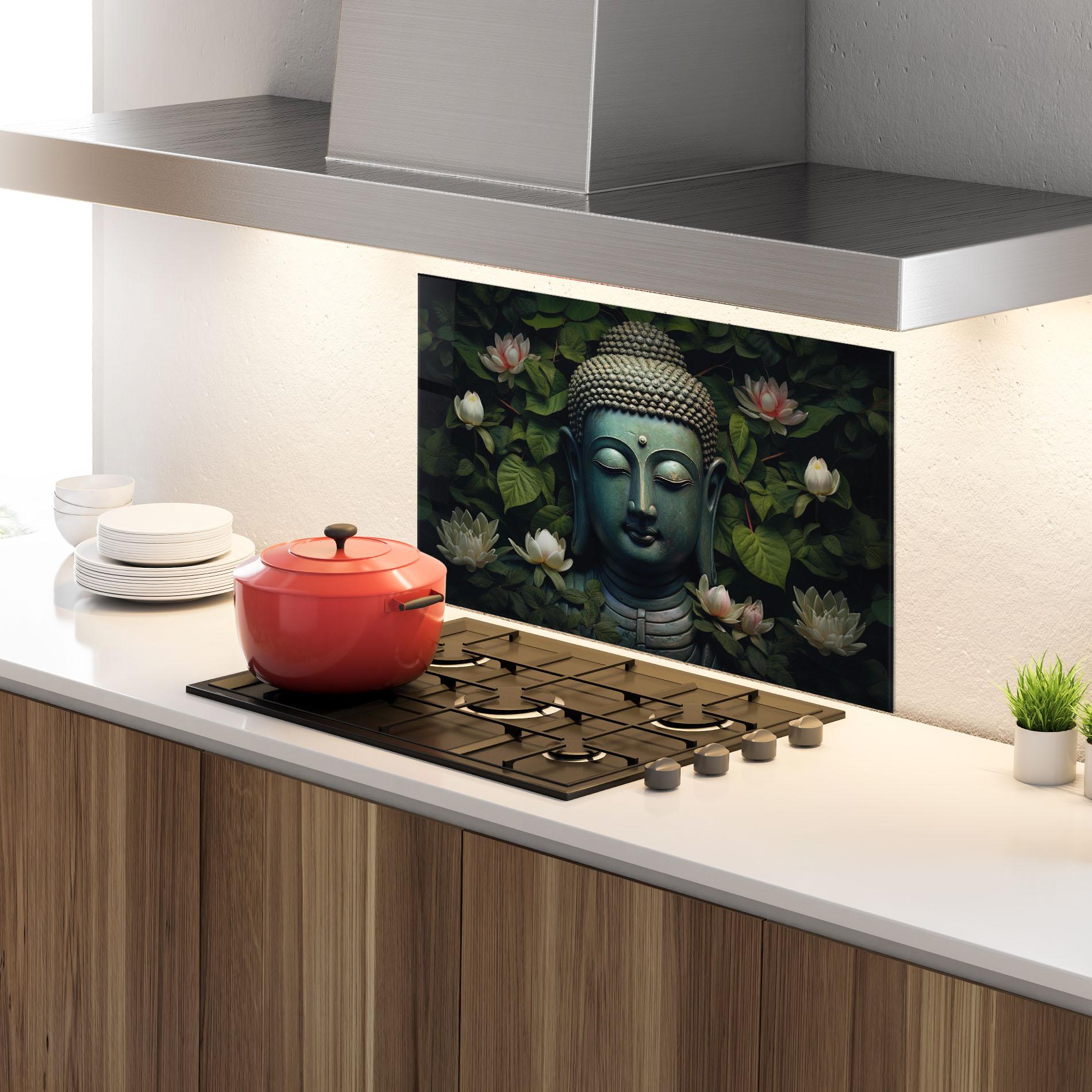 Konyhai üveg hátfal Green Statue Buddha mockup 4