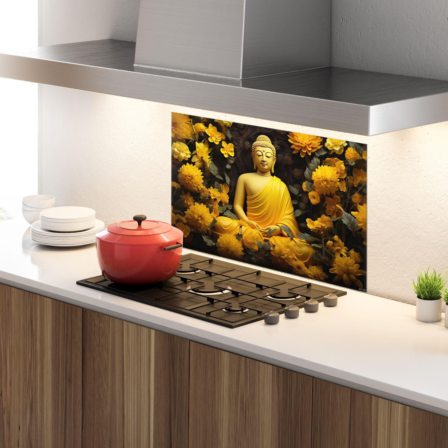 Konyhai üveg hátfal Light Yellow Buddha mockup 4