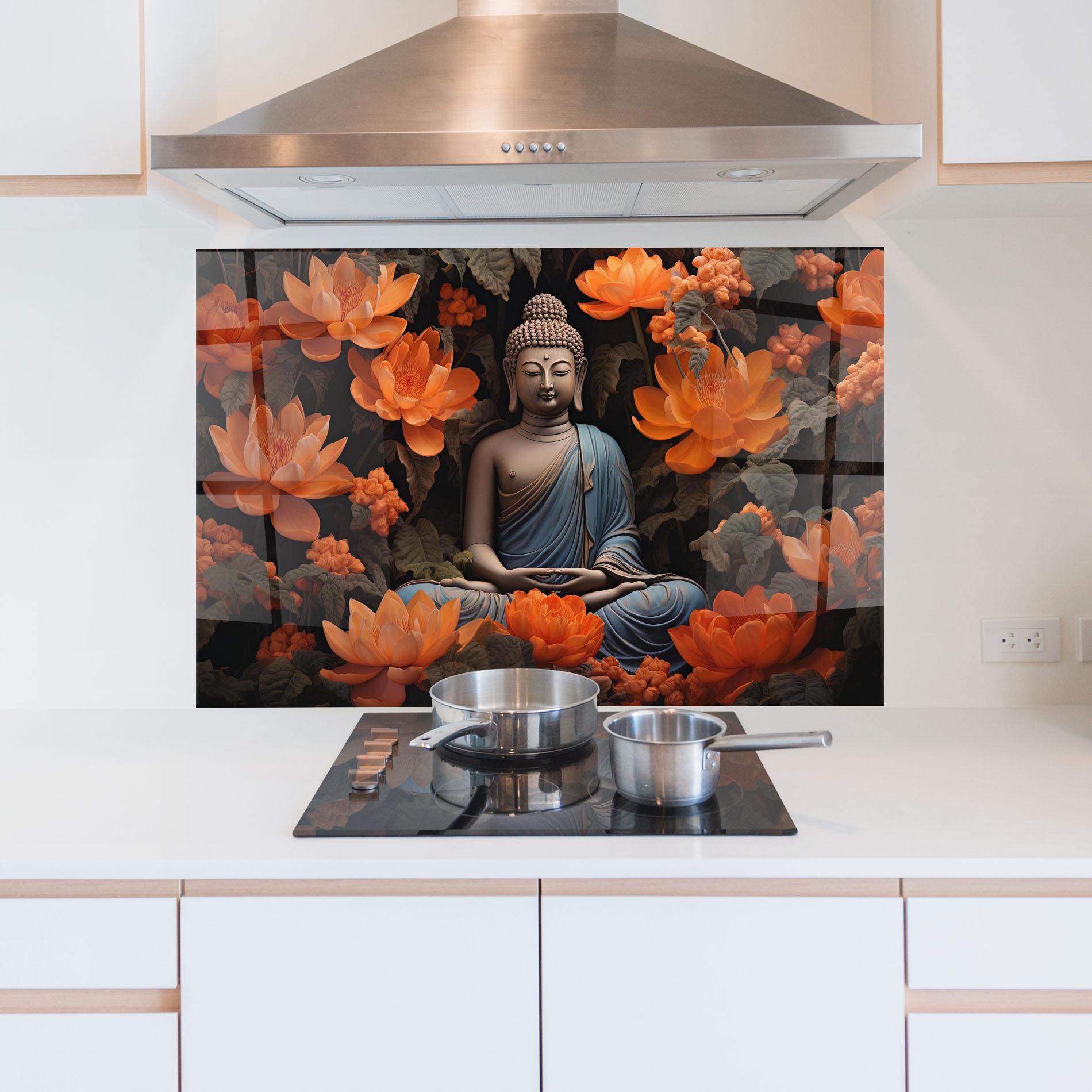 Konyhai üveg hátfal Big Flower Buddha mockup 5