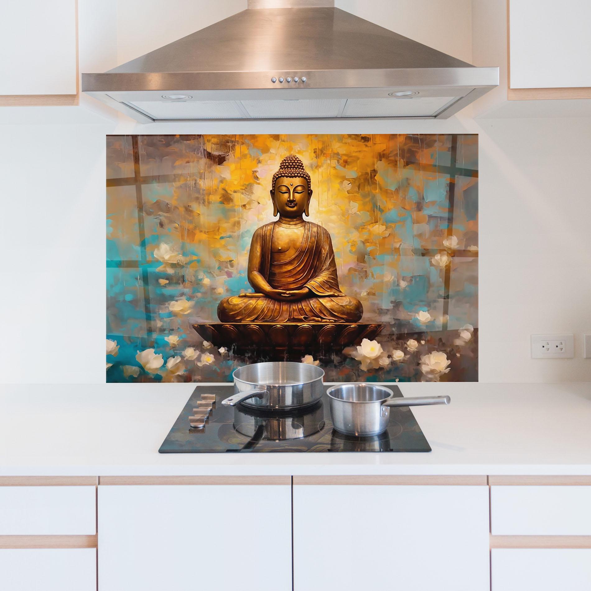 Konyhai üveg hátfal Blue Gold Buddha mockup 5