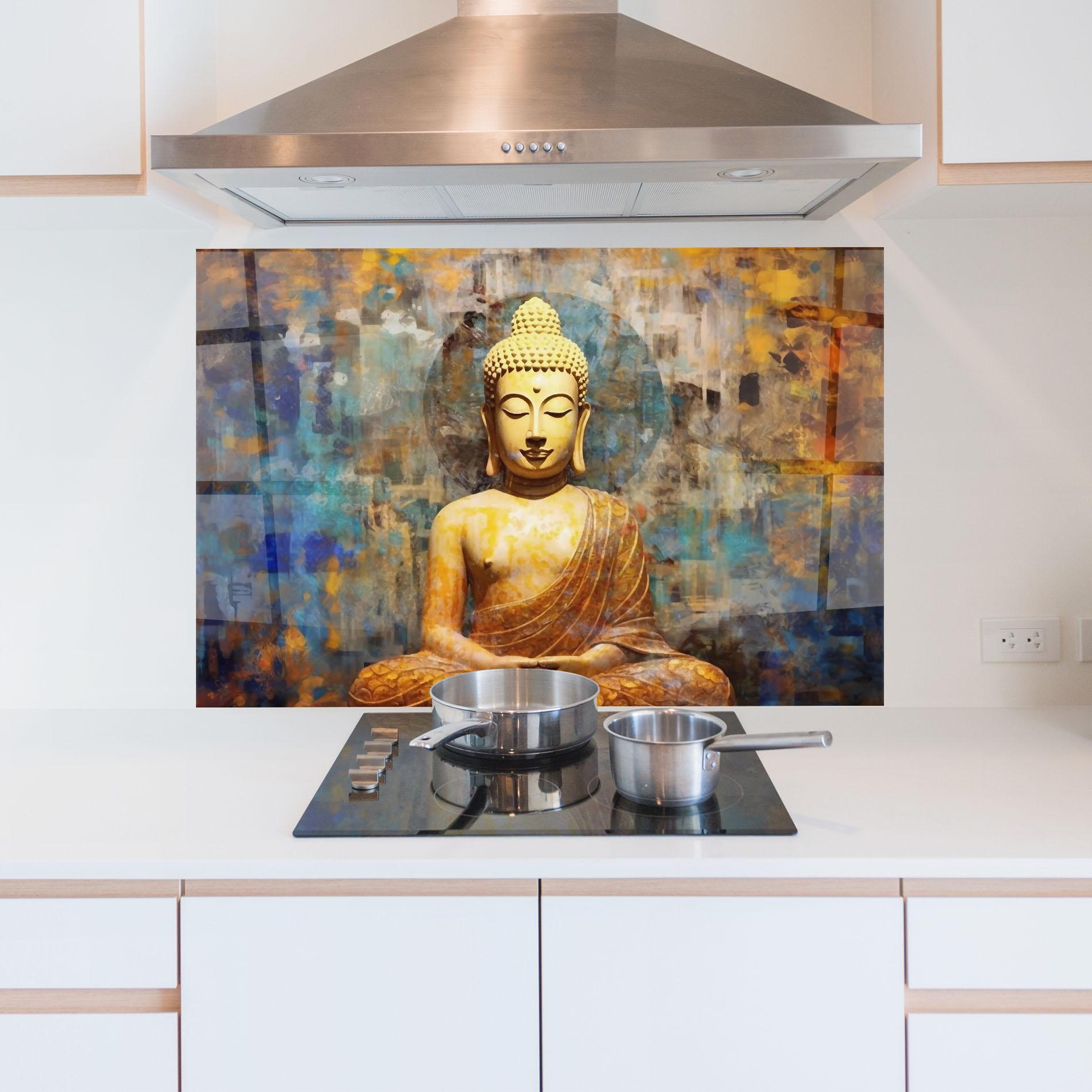 Konyhai üveg hátfal Buddha Blue Gold mockup 5