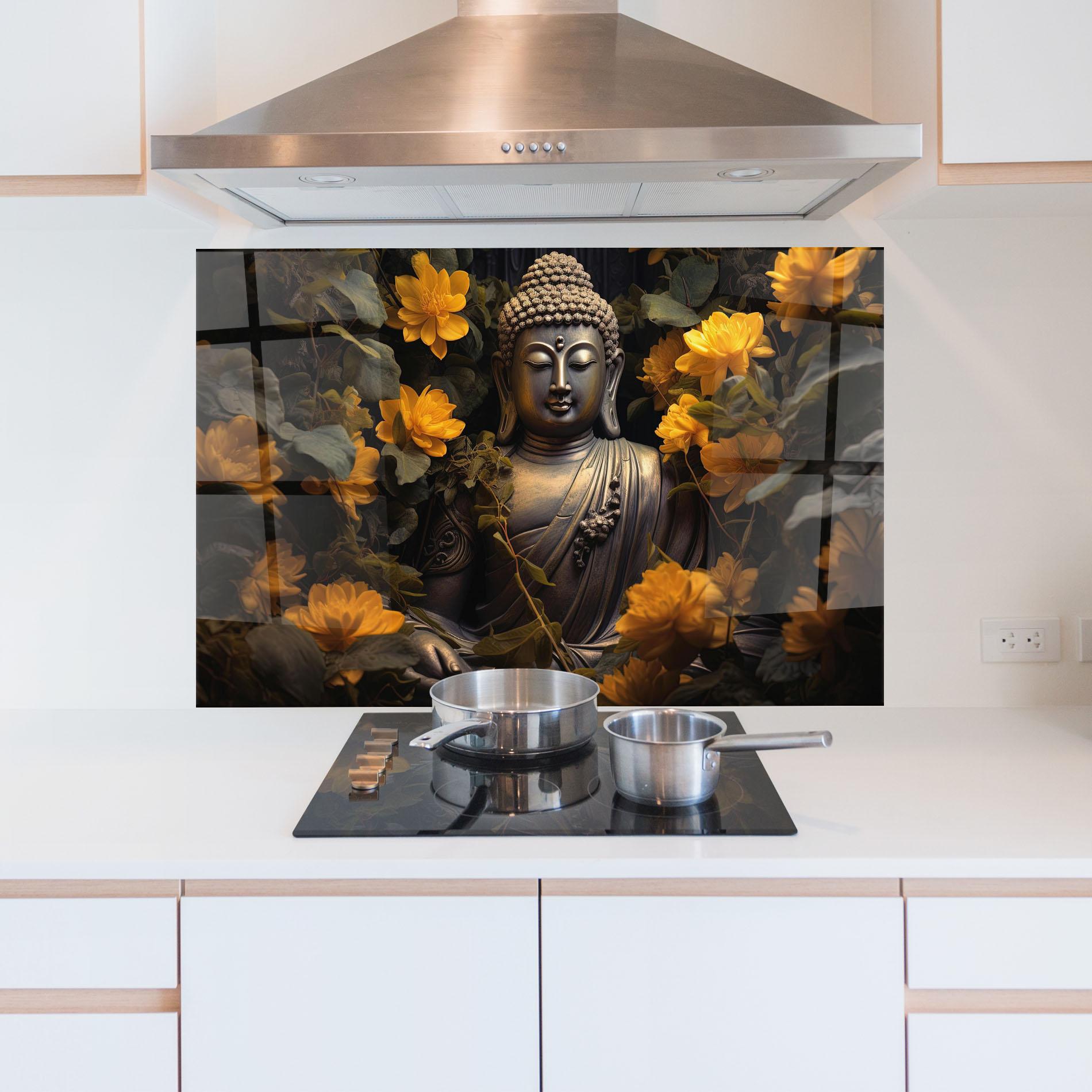 Konyhai üveg hátfal Buddha Yellow Meditation mockup 5