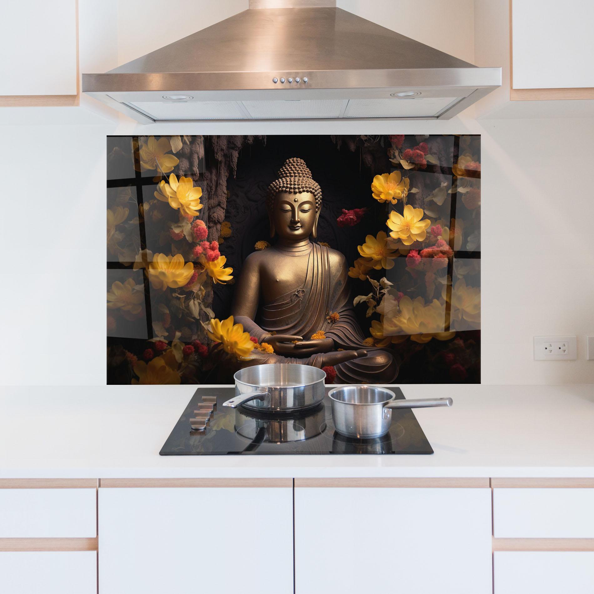 Konyhai üveg hátfal Buddha Yellow Red mockup 5