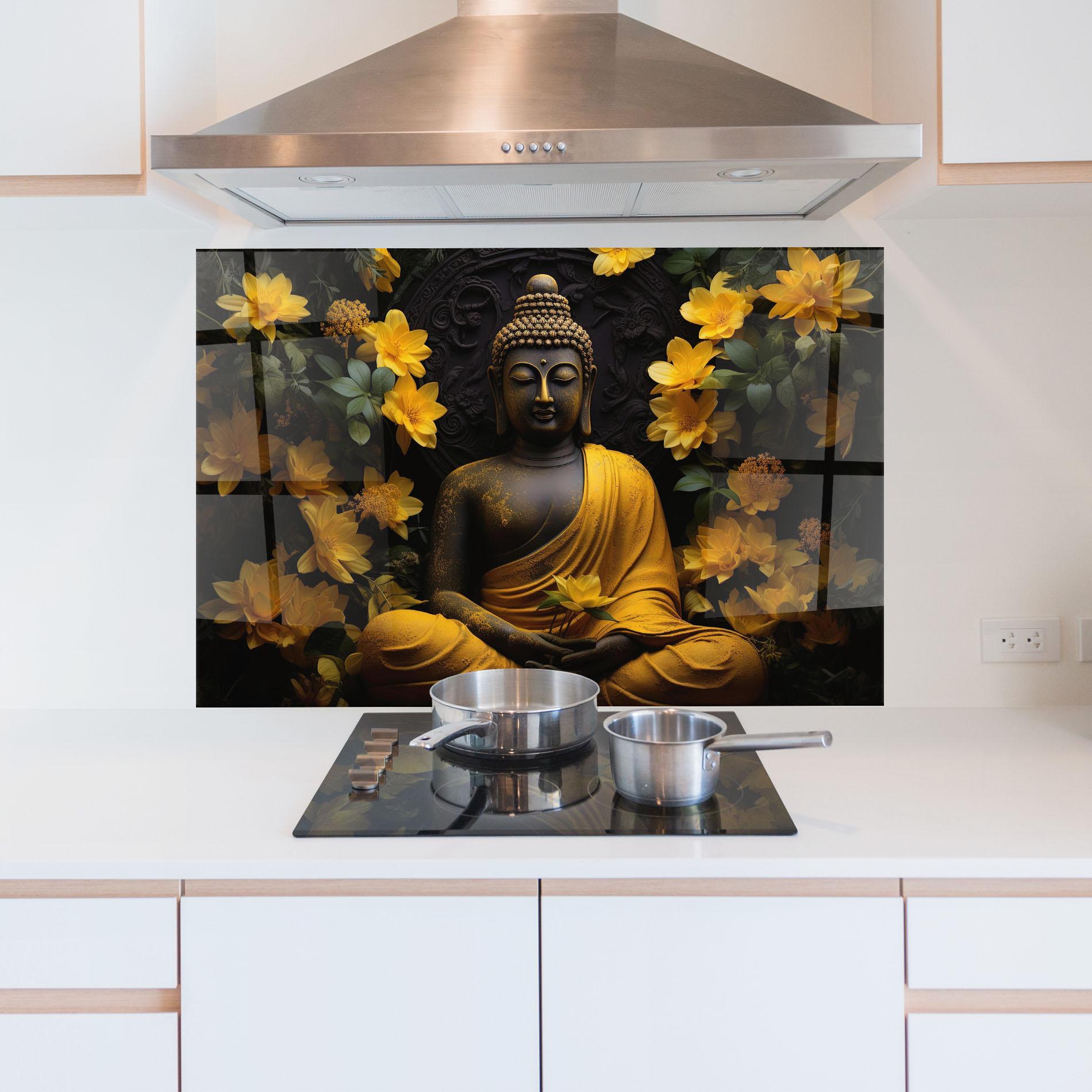 Konyhai üveg hátfal Buddha Yellow Statue mockup 5