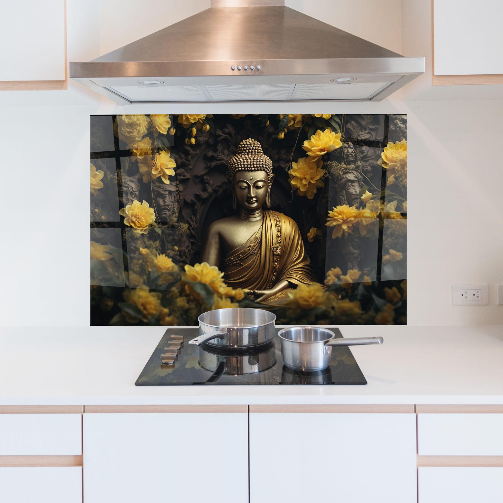 Konyhai üveg hátfal Gold Buddha Flowers mockup 5