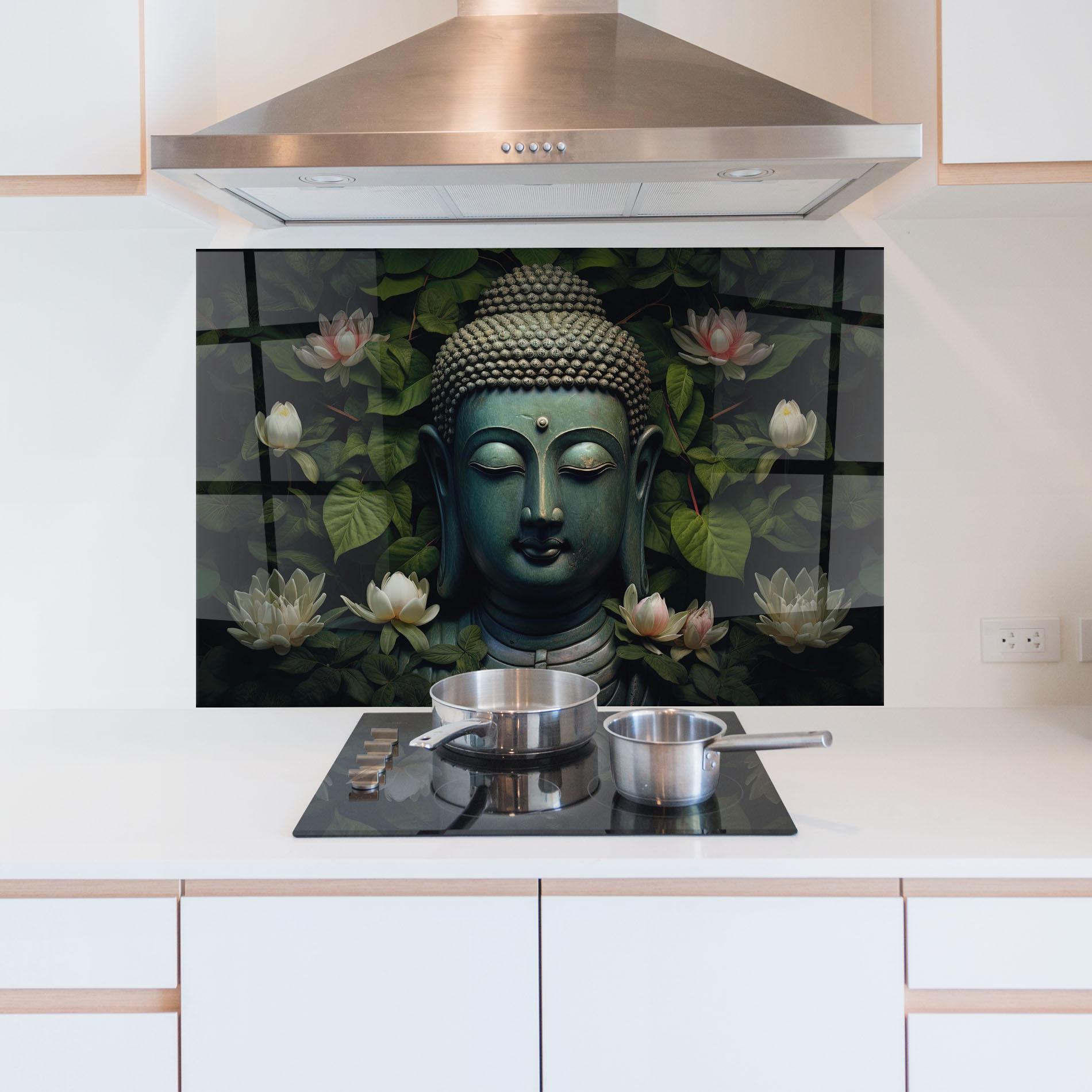 Konyhai üveg hátfal Green Statue Buddha mockup 5