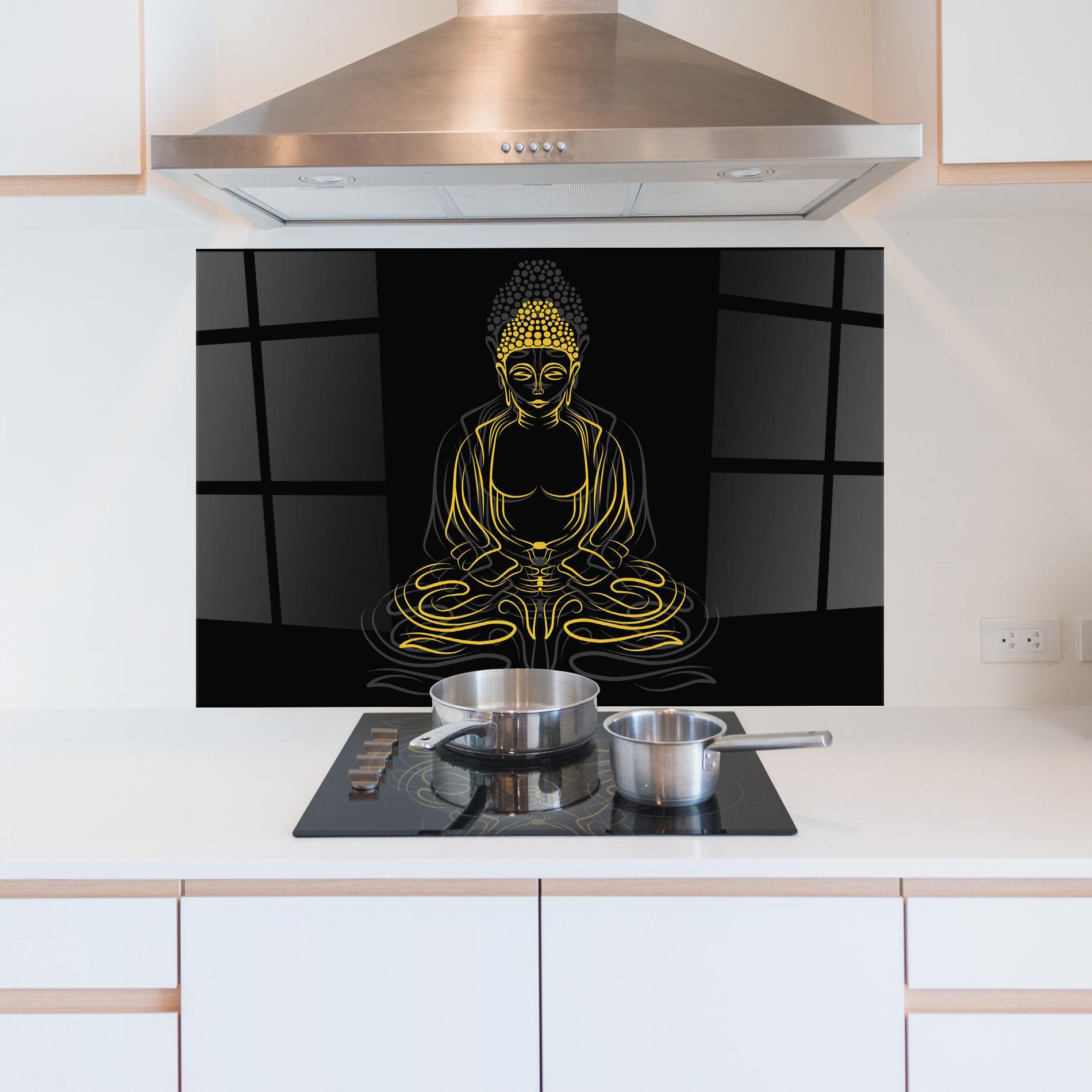 Konyhai üveg hátfal Grey Yellow Buddha mockup 5