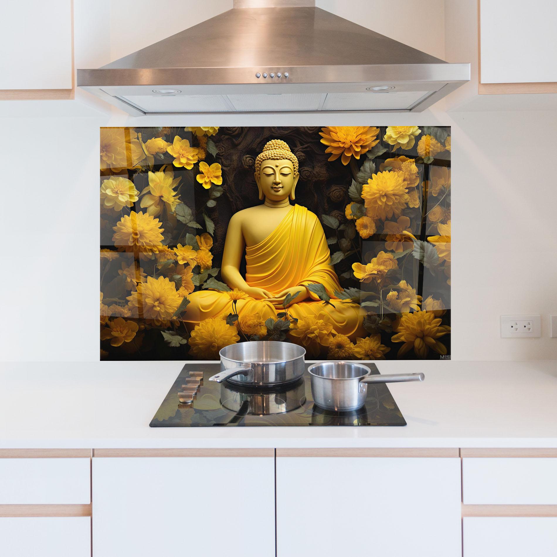 Konyhai üveg hátfal Light Yellow Buddha mockup 5
