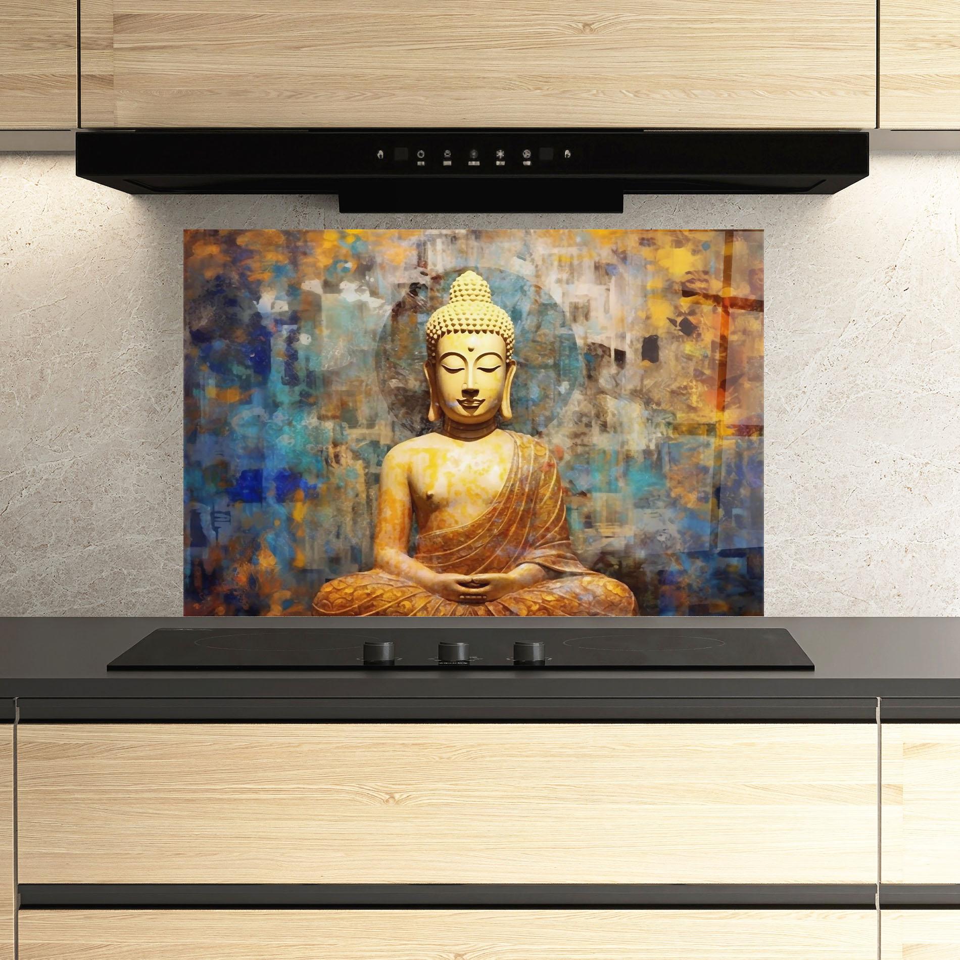 Konyhai üveg hátfal Buddha Blue Gold mockup 3