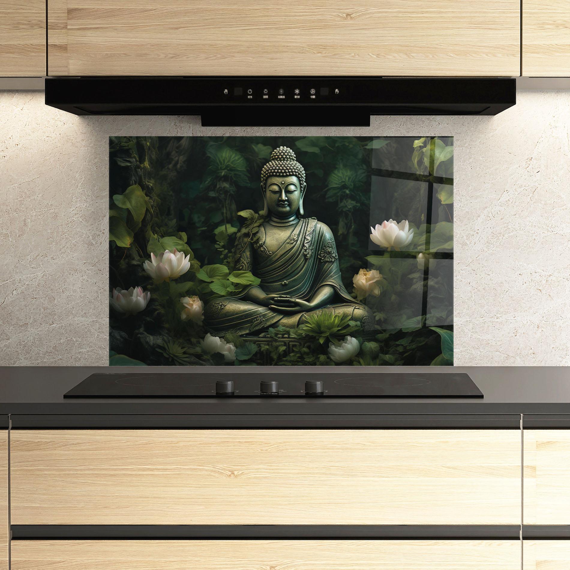 Konyhai üveg hátfal Buddha Lotus Flower mockup 3