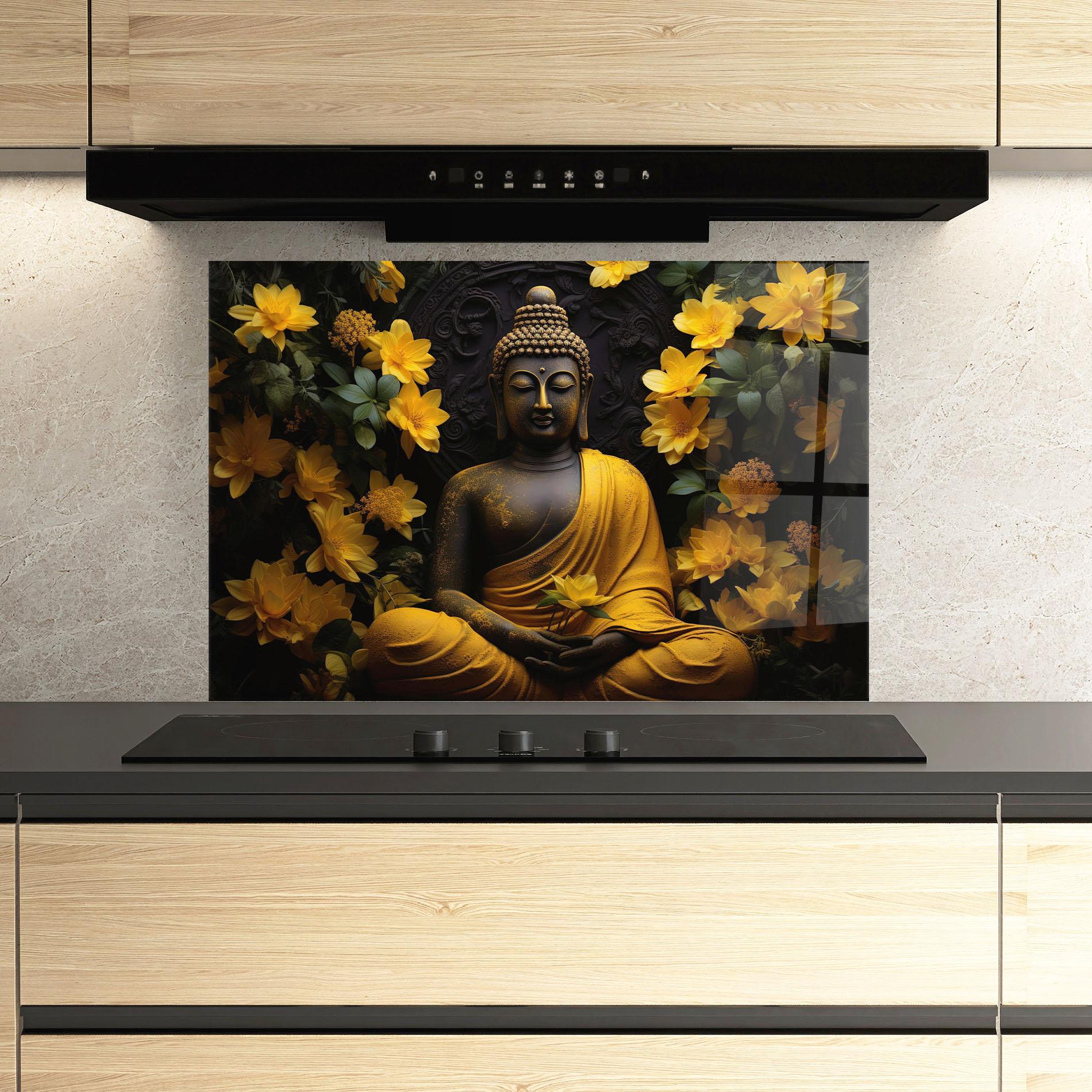 Konyhai üveg hátfal Buddha Yellow Statue mockup 3