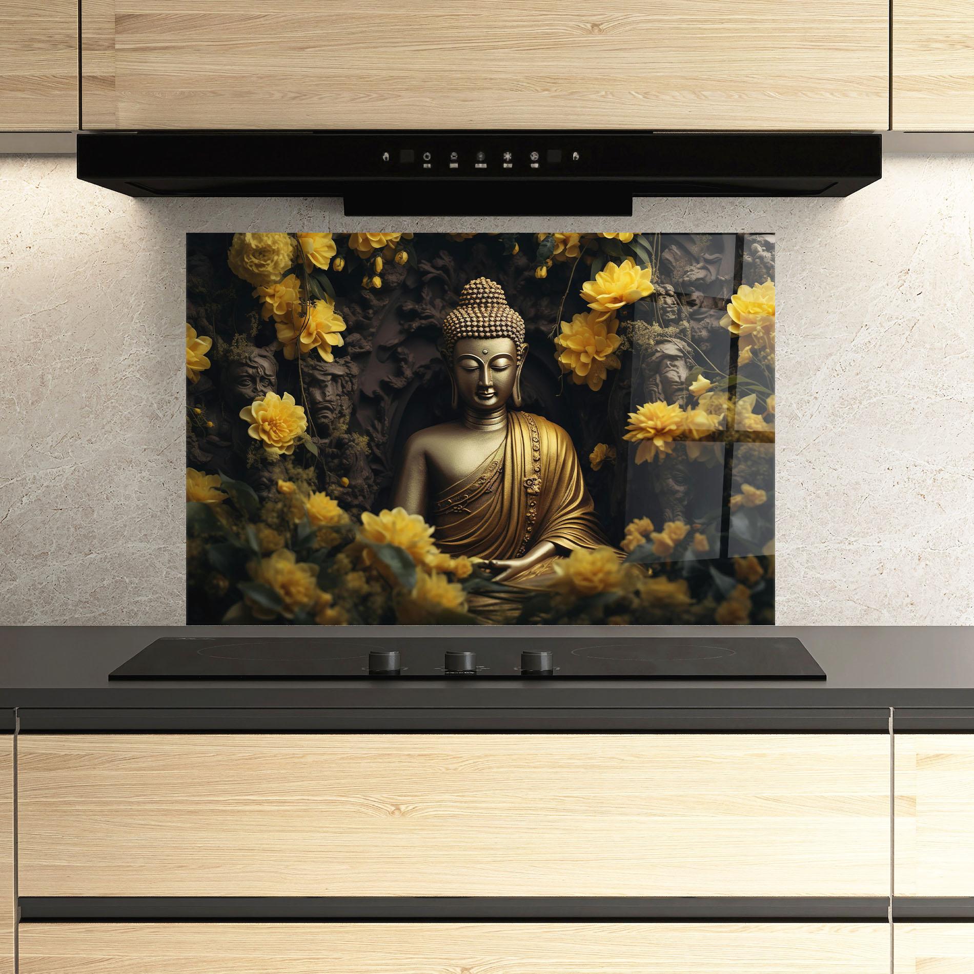 Konyhai üveg hátfal Gold Buddha Flowers mockup 3