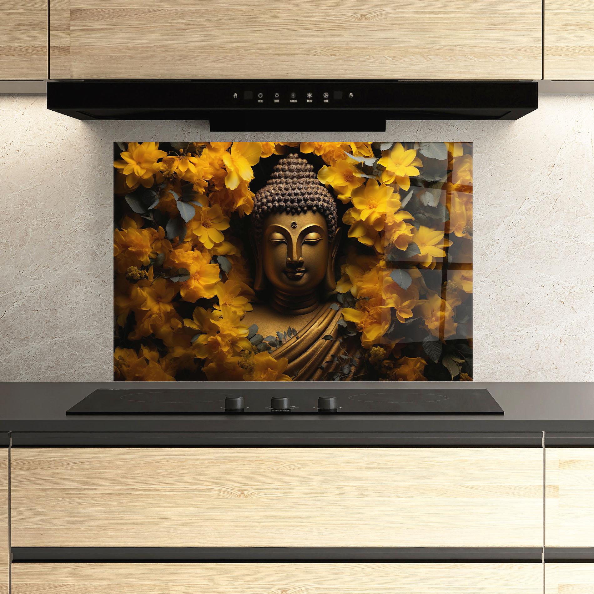 Konyhai üveg hátfal Gold Buddha Meditation mockup 3