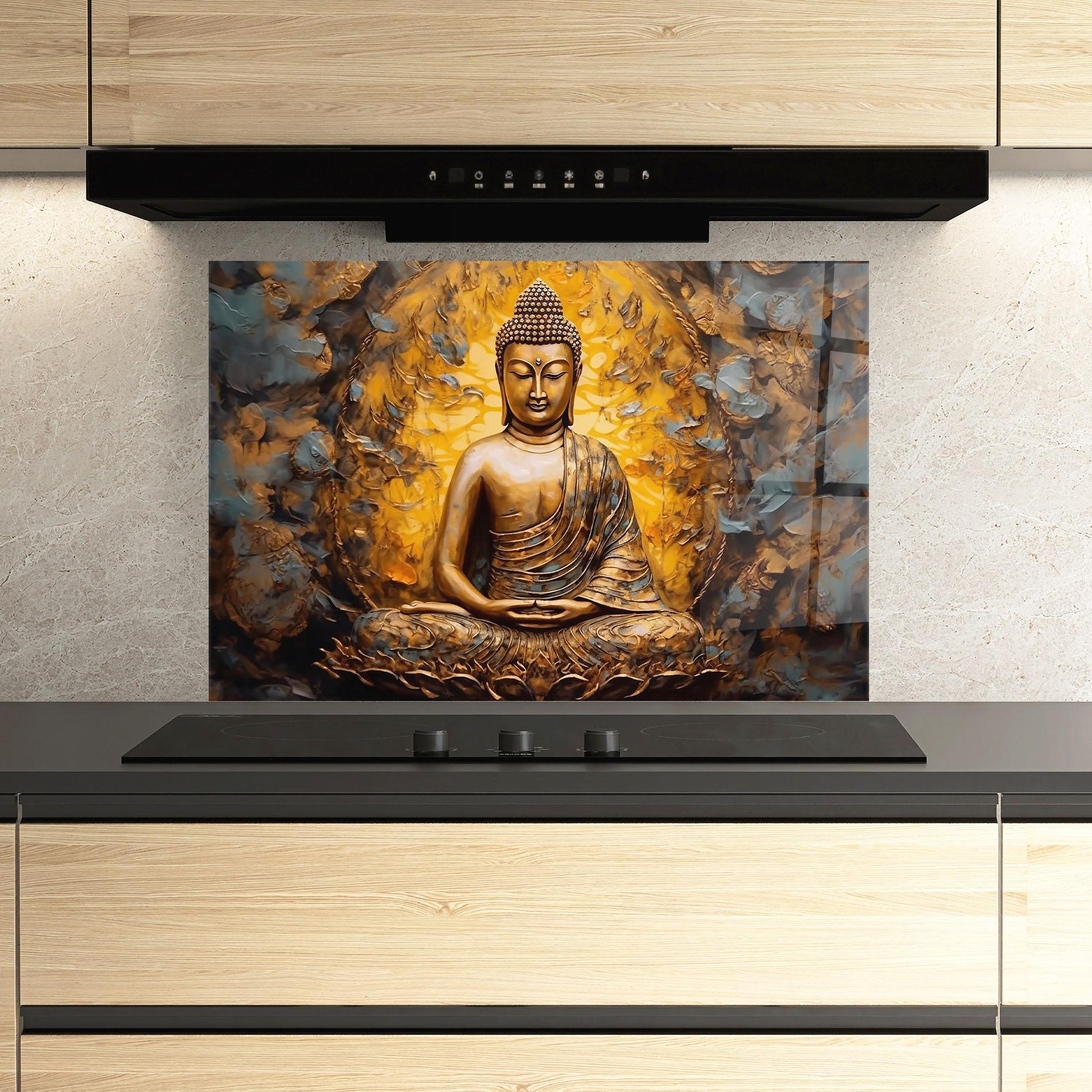 Konyhai üveg hátfal Gold Grey Buddha mockup 3