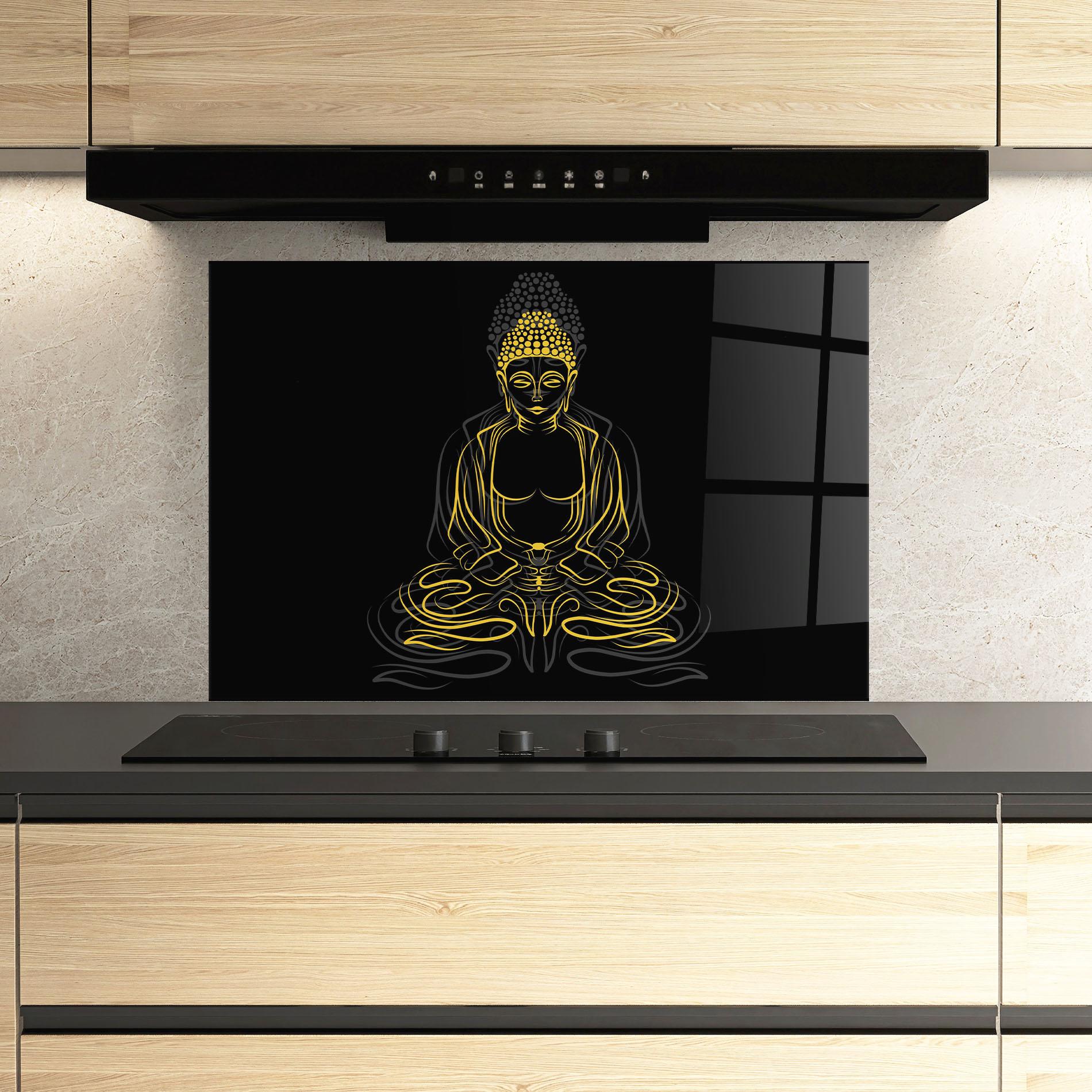 Konyhai üveg hátfal Grey Yellow Buddha mockup 3