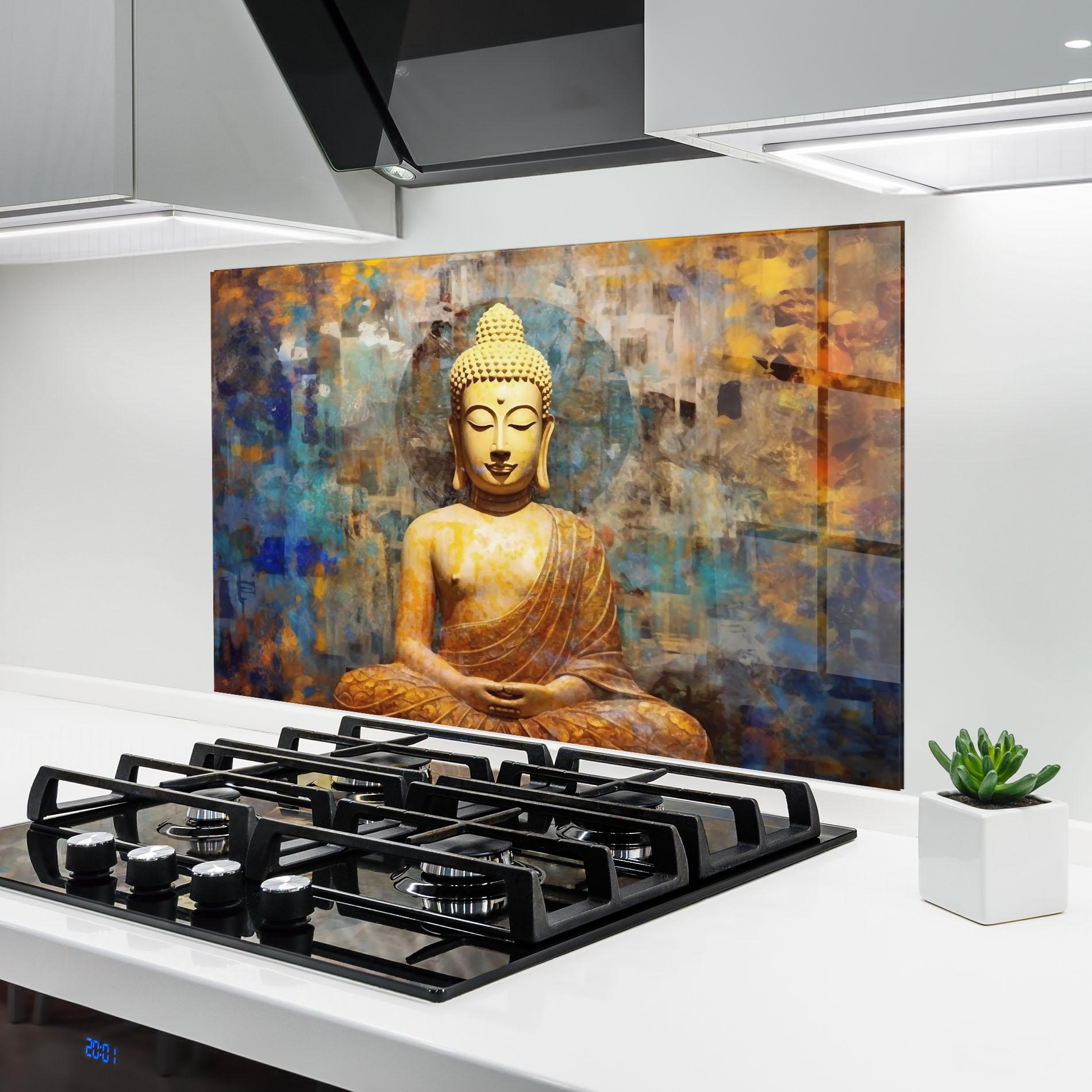 Konyhai üveg hátfal Buddha Blue Gold mockup 6