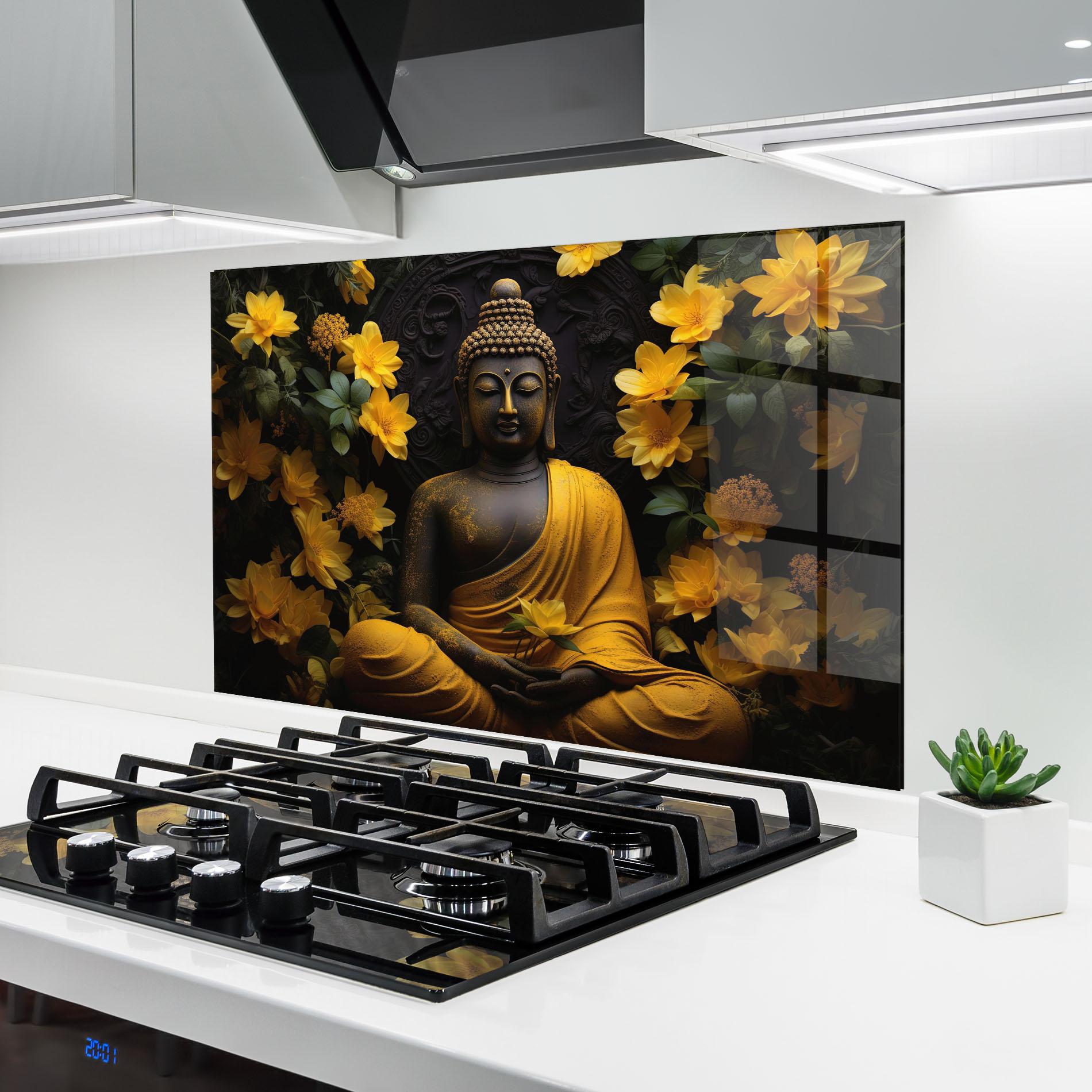 Konyhai üveg hátfal Buddha Yellow Statue mockup 6