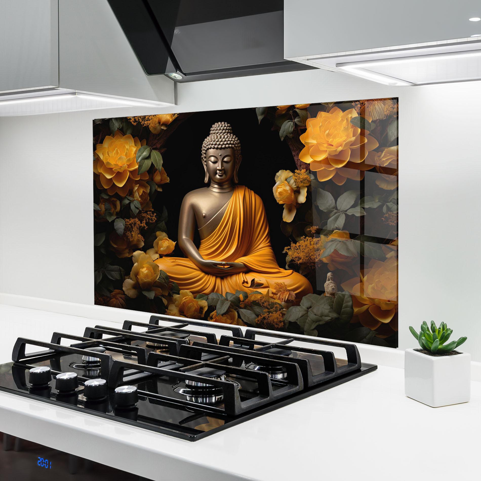 Konyhai üveg hátfal Gold Buddha Flower mockup 6