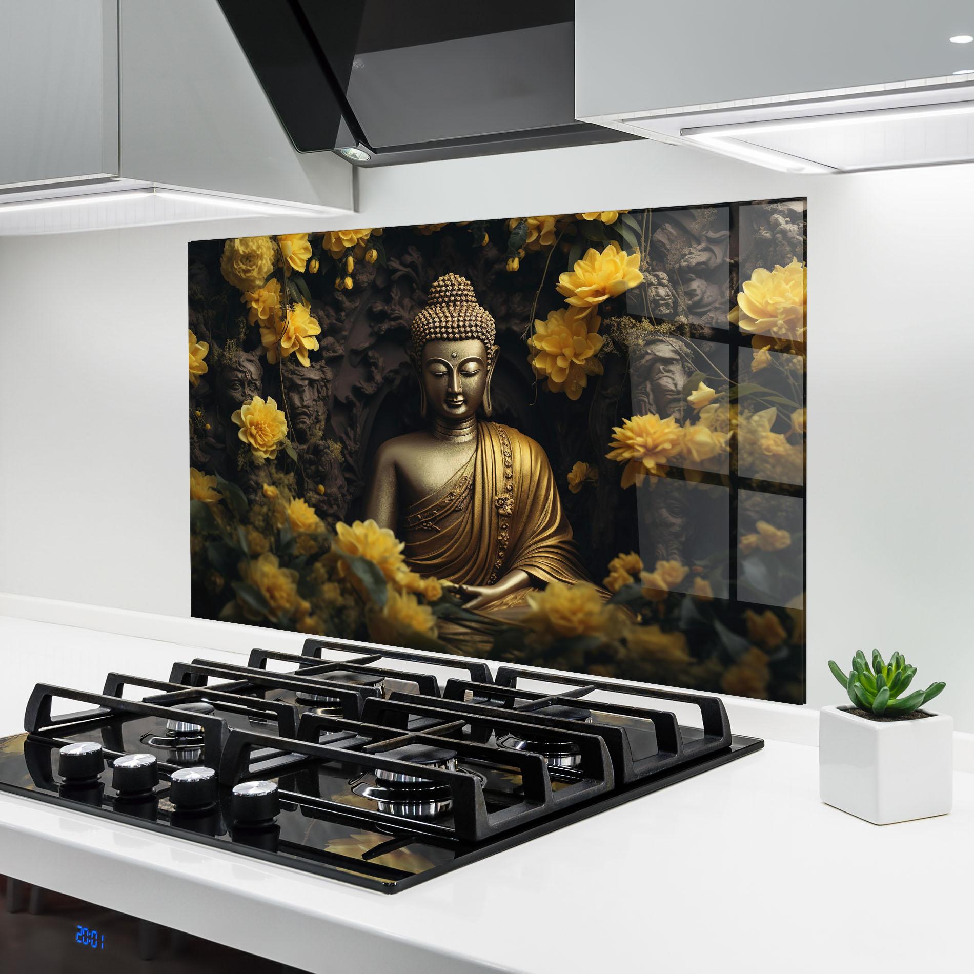 Konyhai üveg hátfal Gold Buddha Flowers mockup 6
