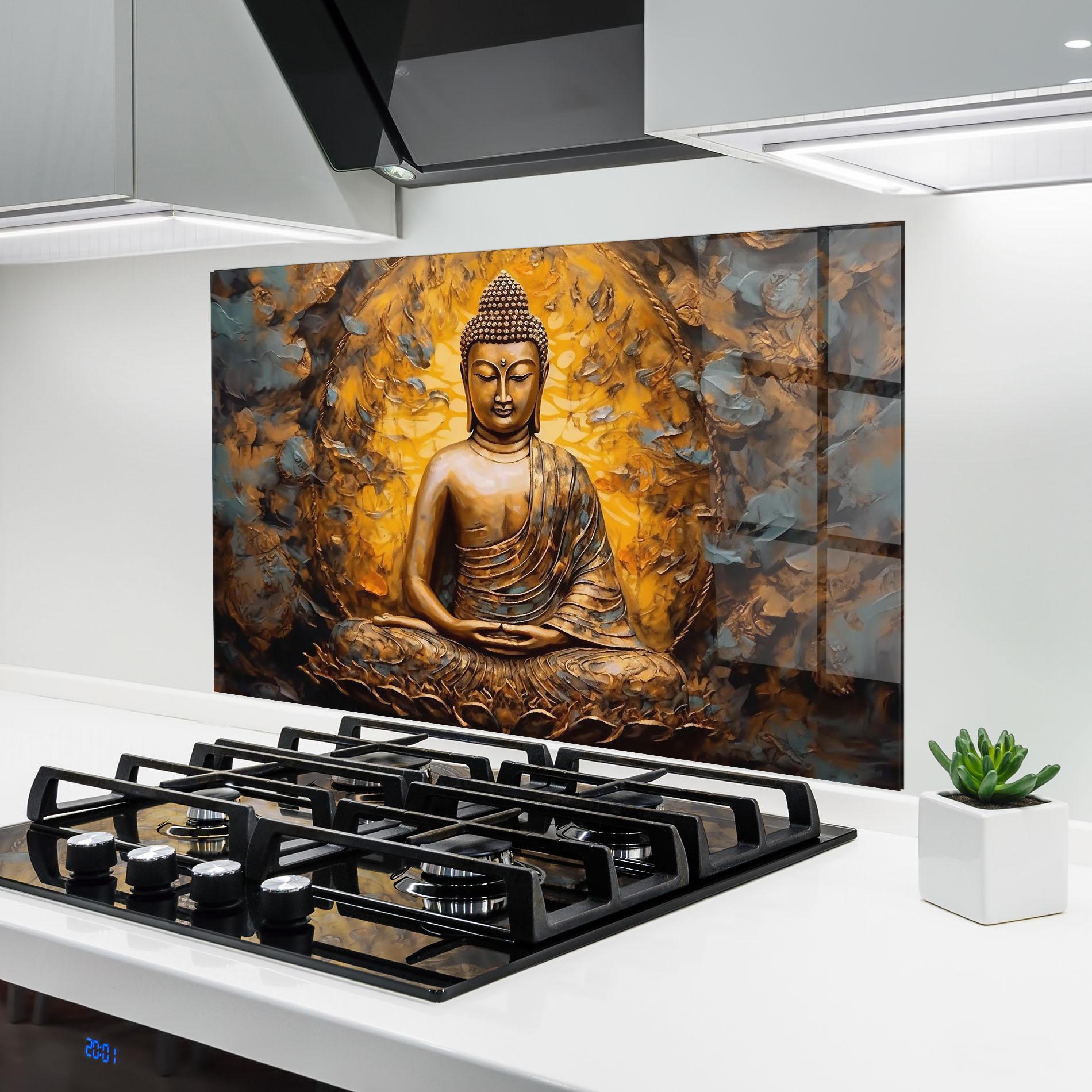 Konyhai üveg hátfal Gold Grey Buddha mockup 6