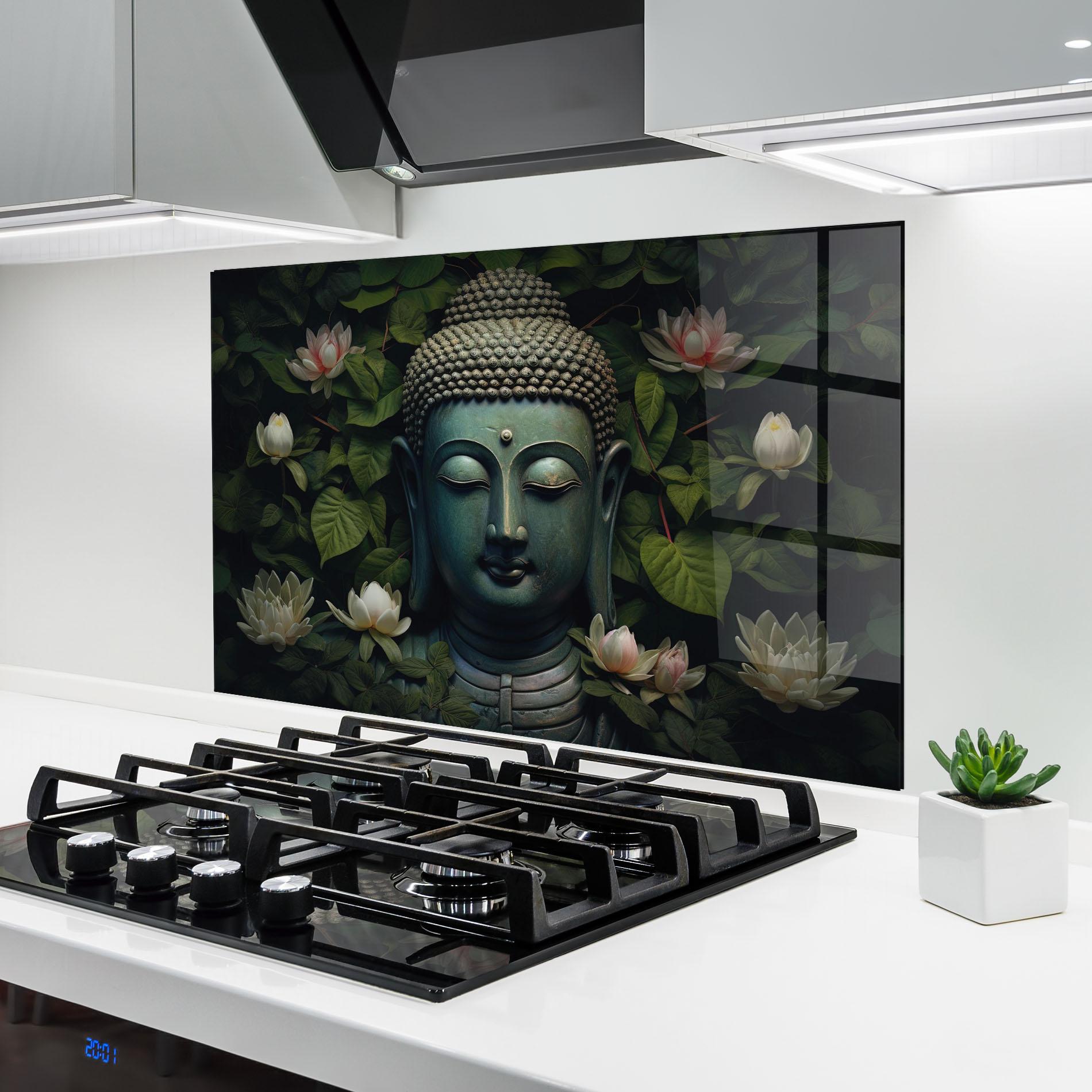 Konyhai üveg hátfal Green Statue Buddha mockup 6