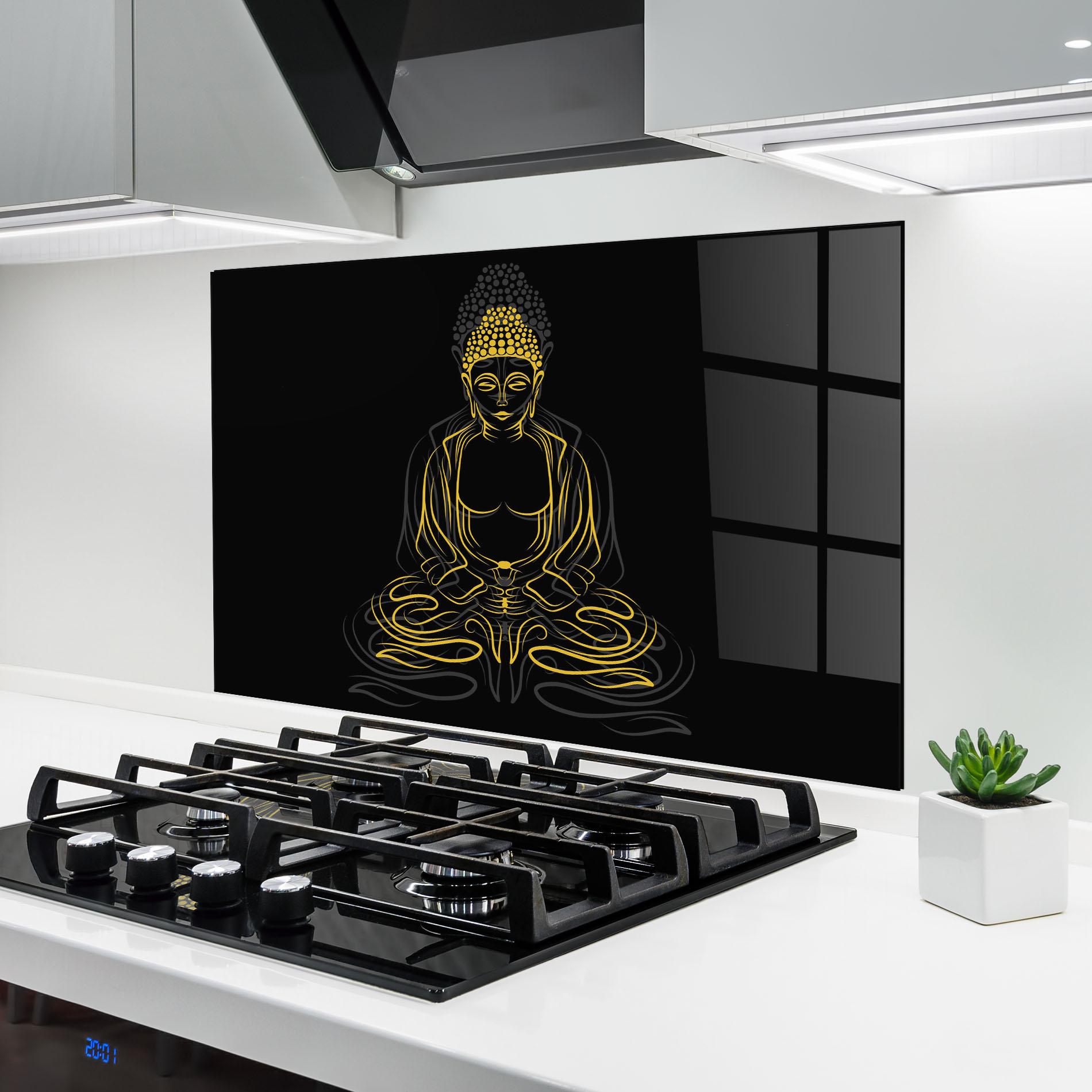 Konyhai üveg hátfal Grey Yellow Buddha mockup 6