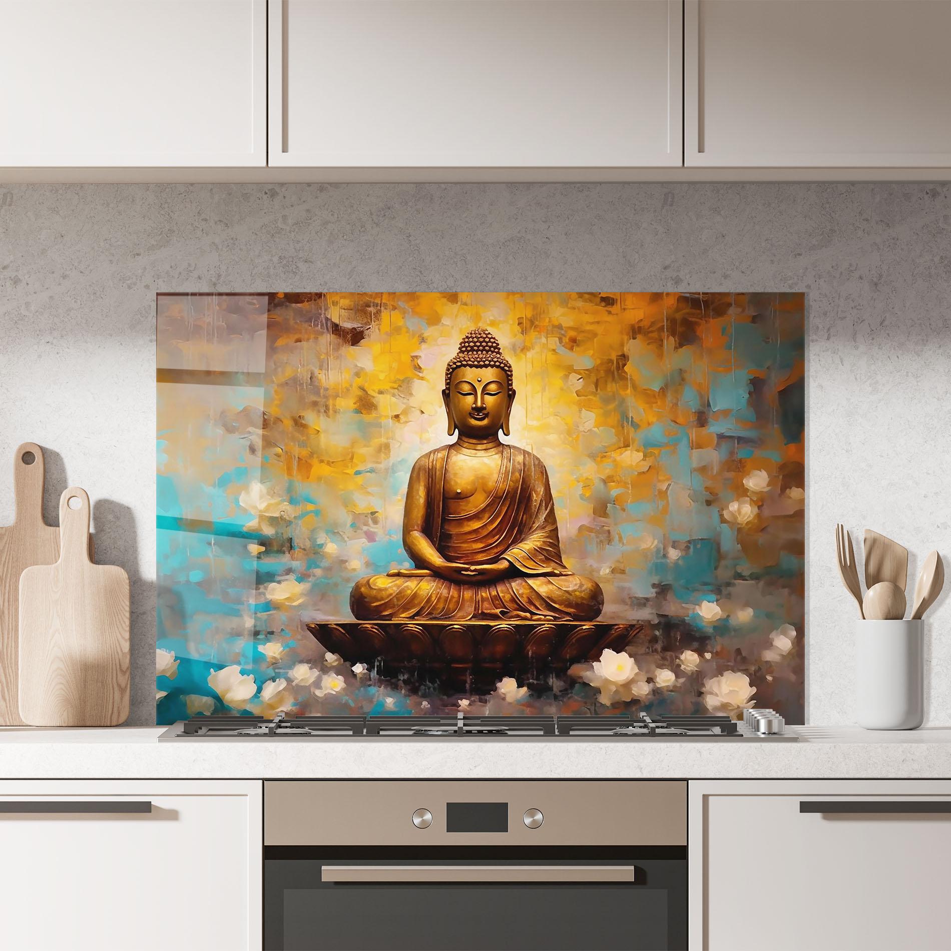 Konyhai üveg hátfal Blue Gold Buddha mockup 7