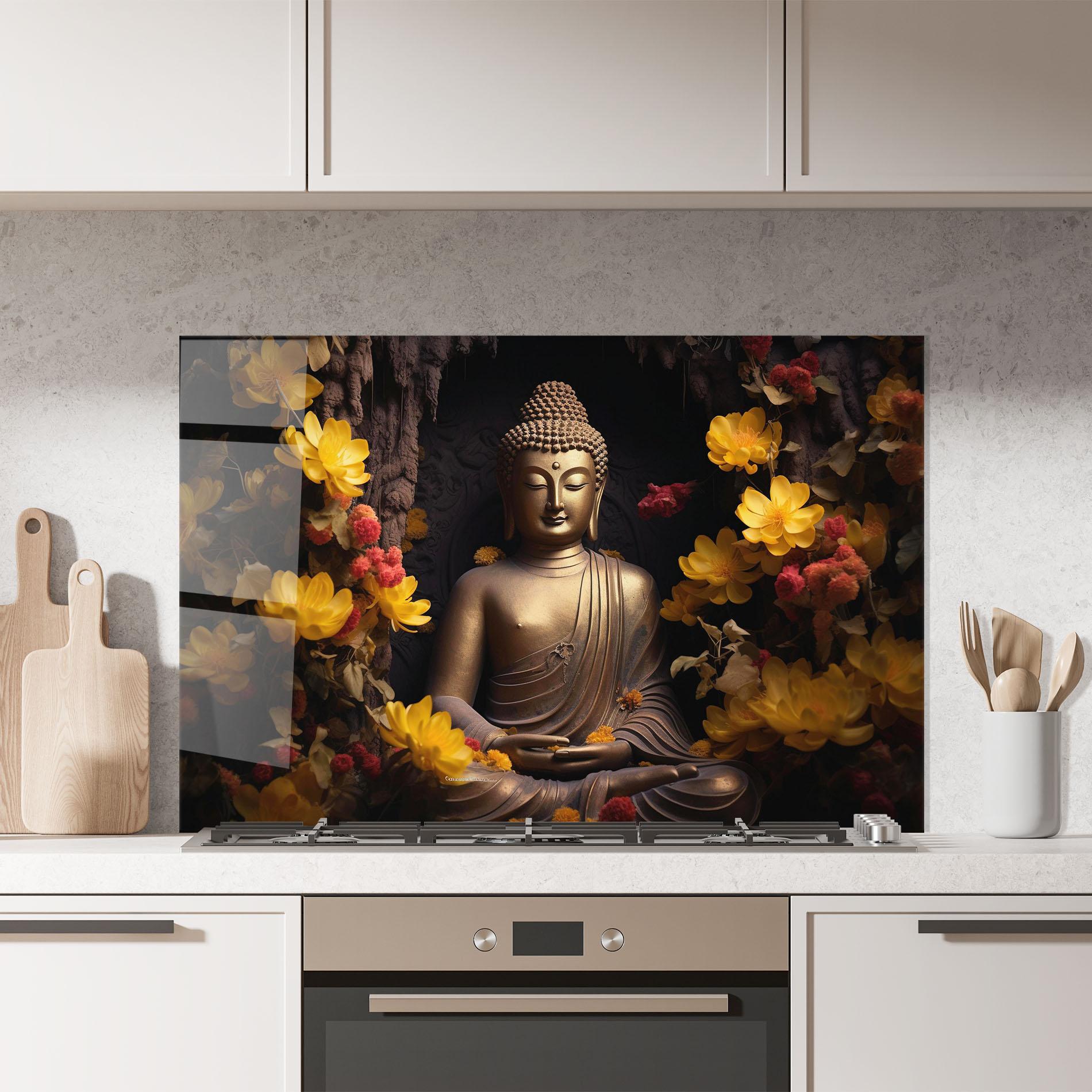 Konyhai üveg hátfal Buddha Yellow Red mockup 7