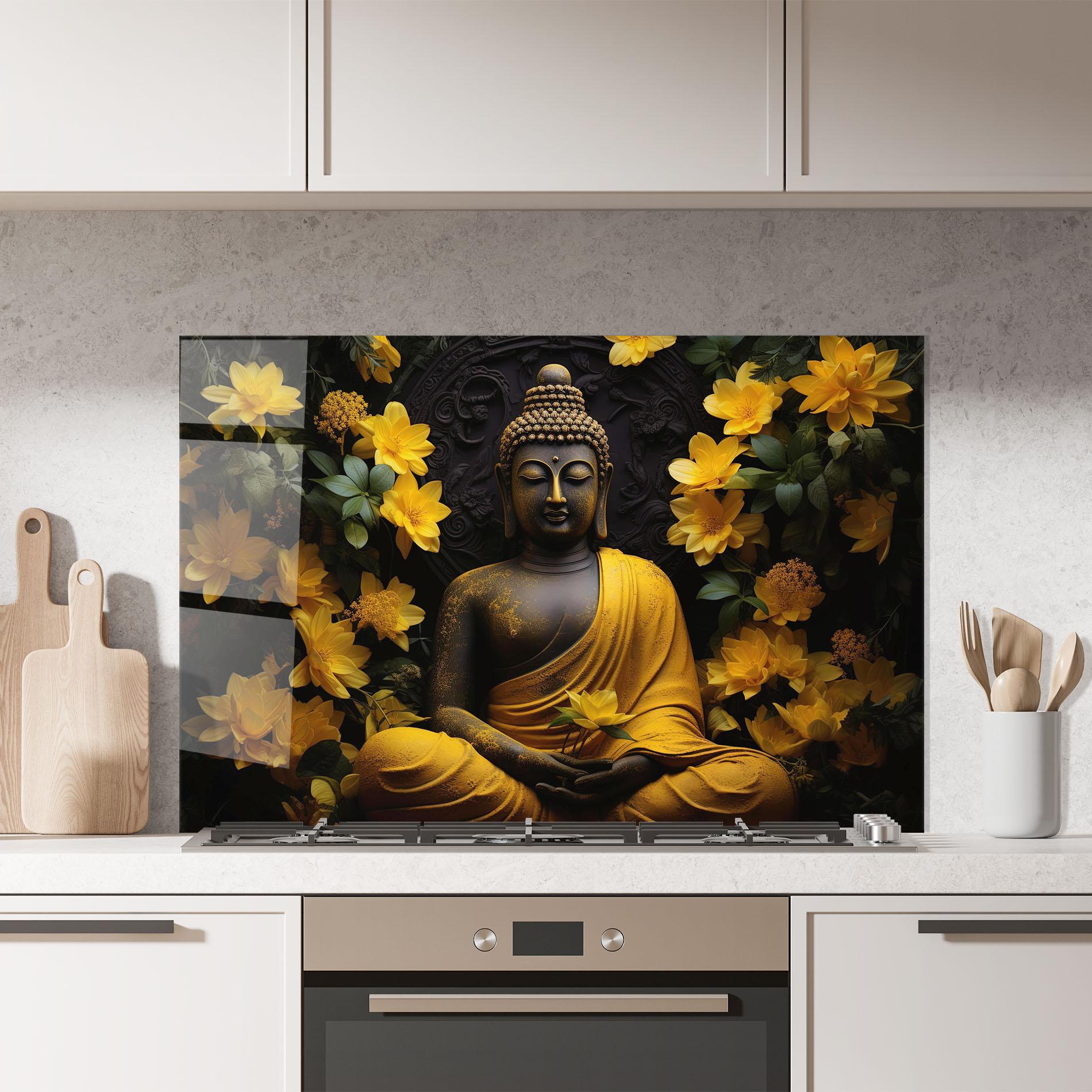 Konyhai üveg hátfal Buddha Yellow Statue mockup 7