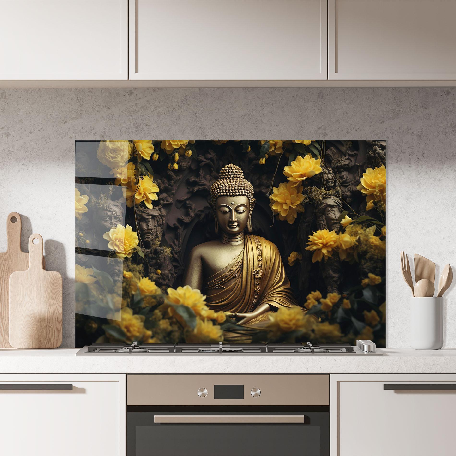 Konyhai üveg hátfal Gold Buddha Flowers mockup 7