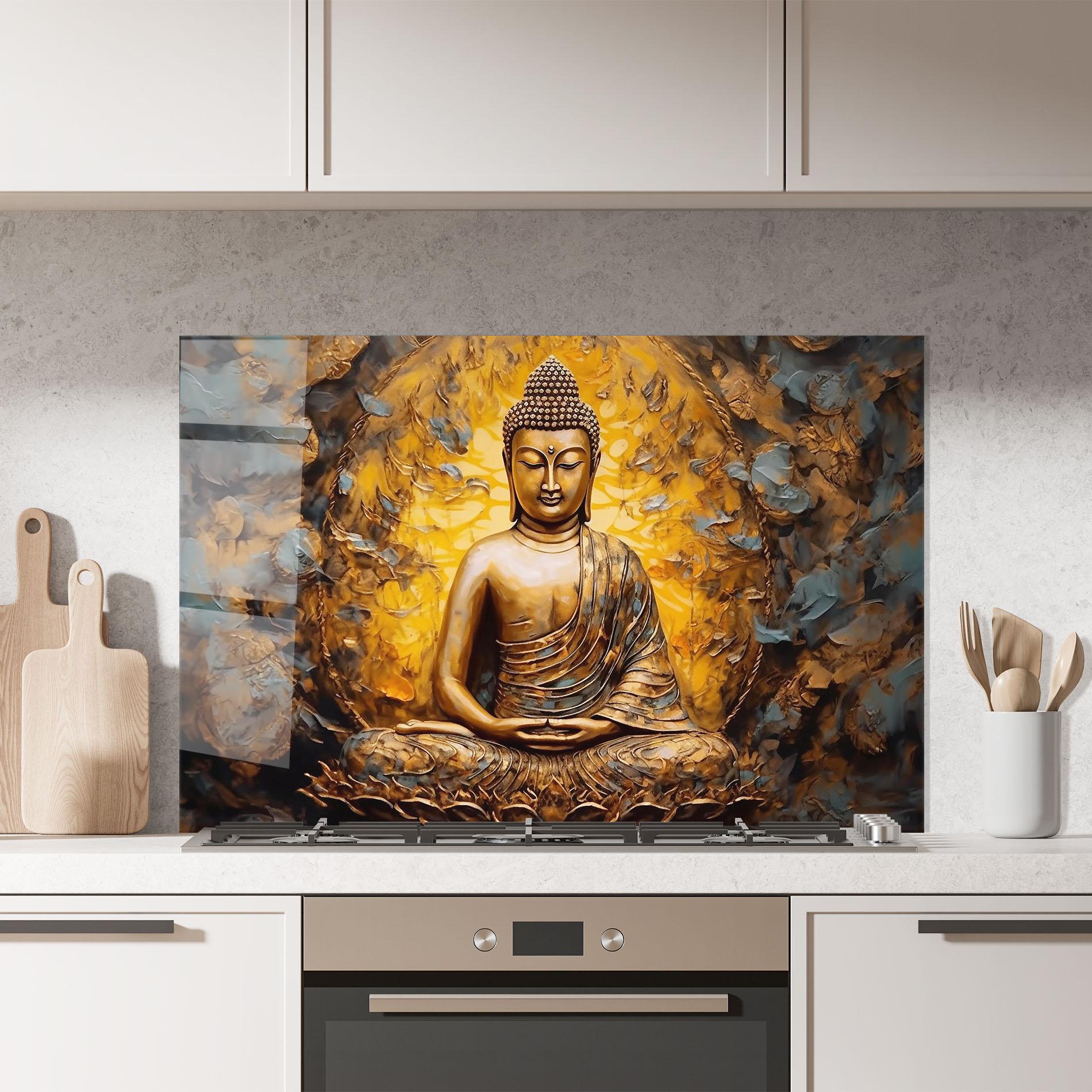 Konyhai üveg hátfal Gold Grey Buddha mockup 7