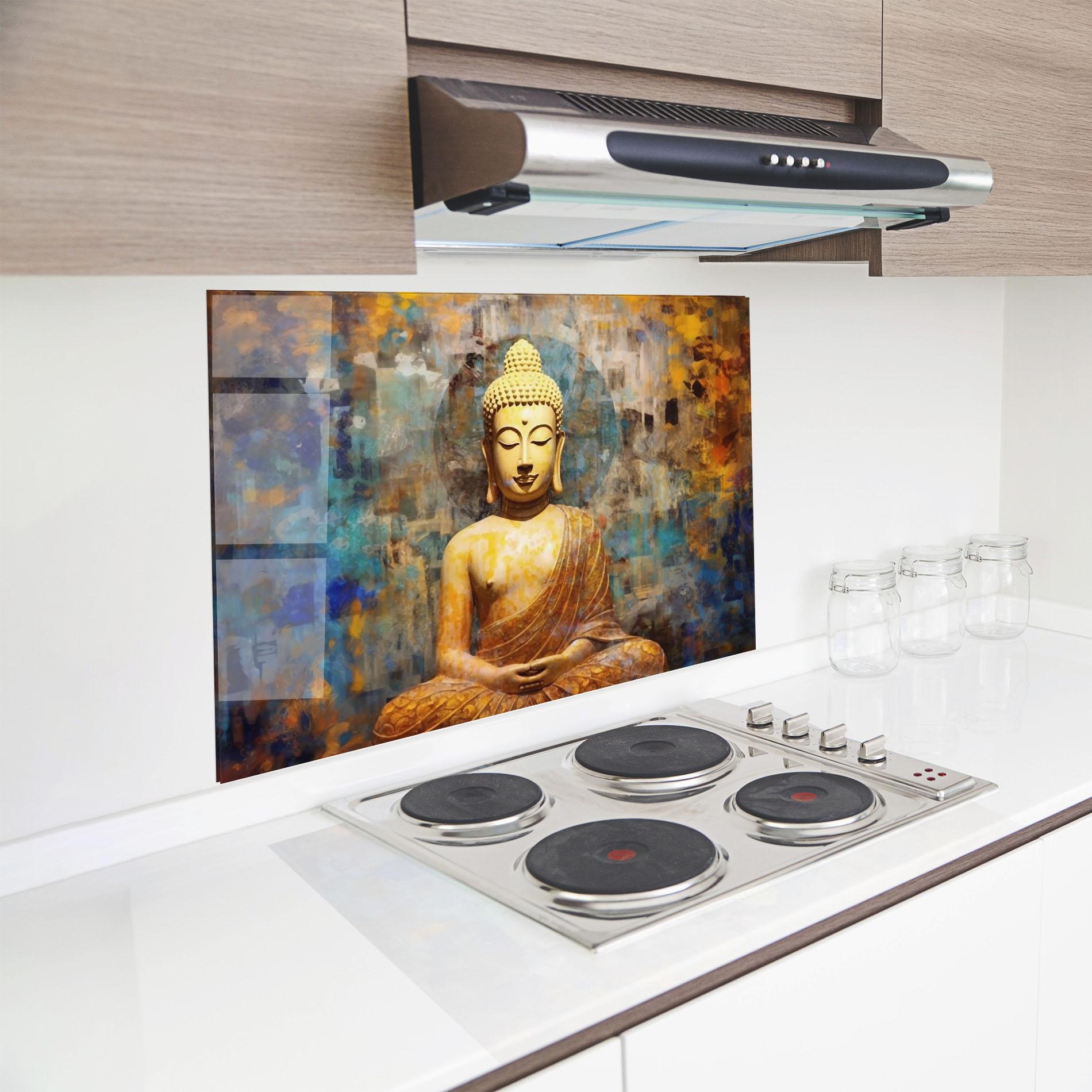 Konyhai üveg hátfal Buddha Blue Gold mockup 8