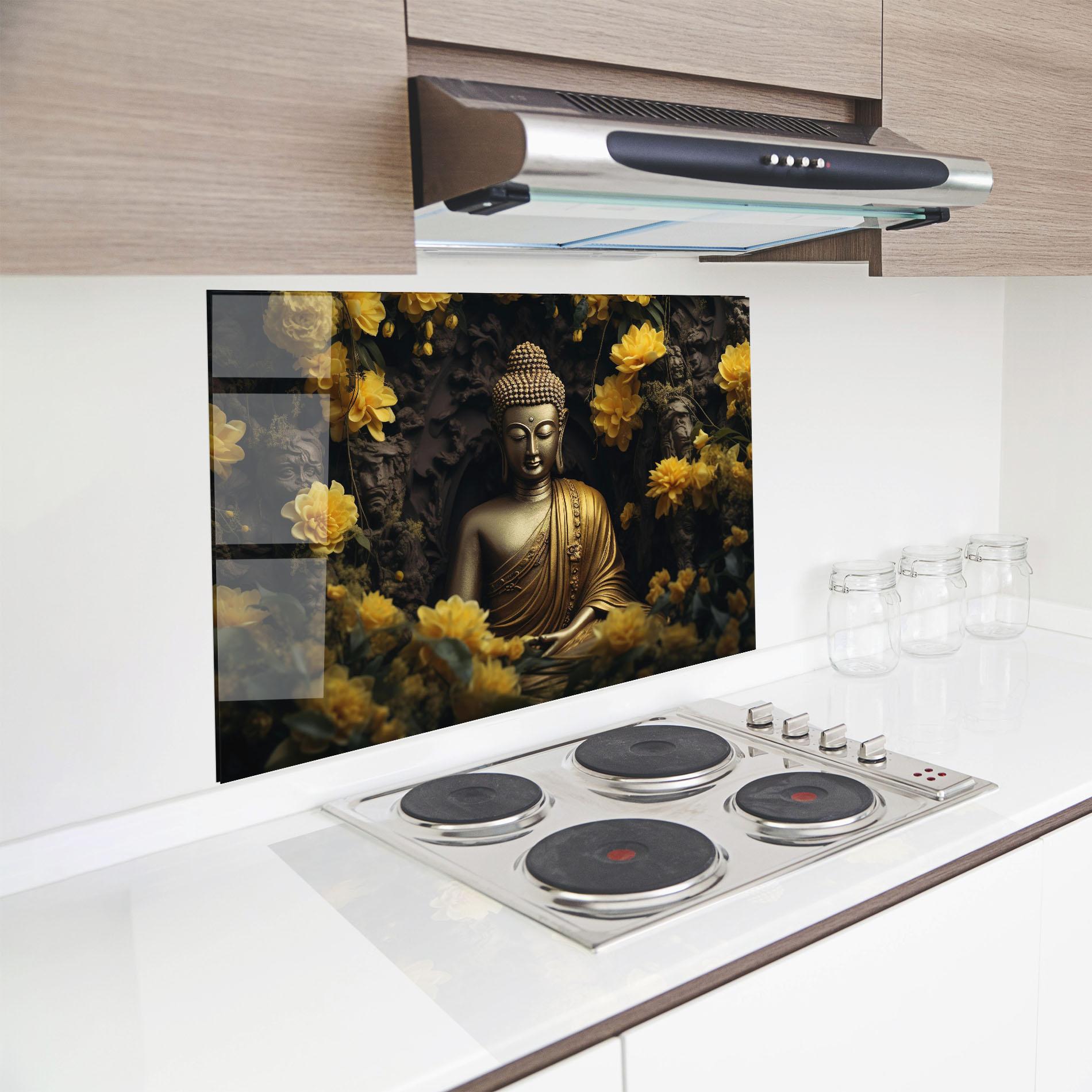 Konyhai üveg hátfal Gold Buddha Flowers mockup 8