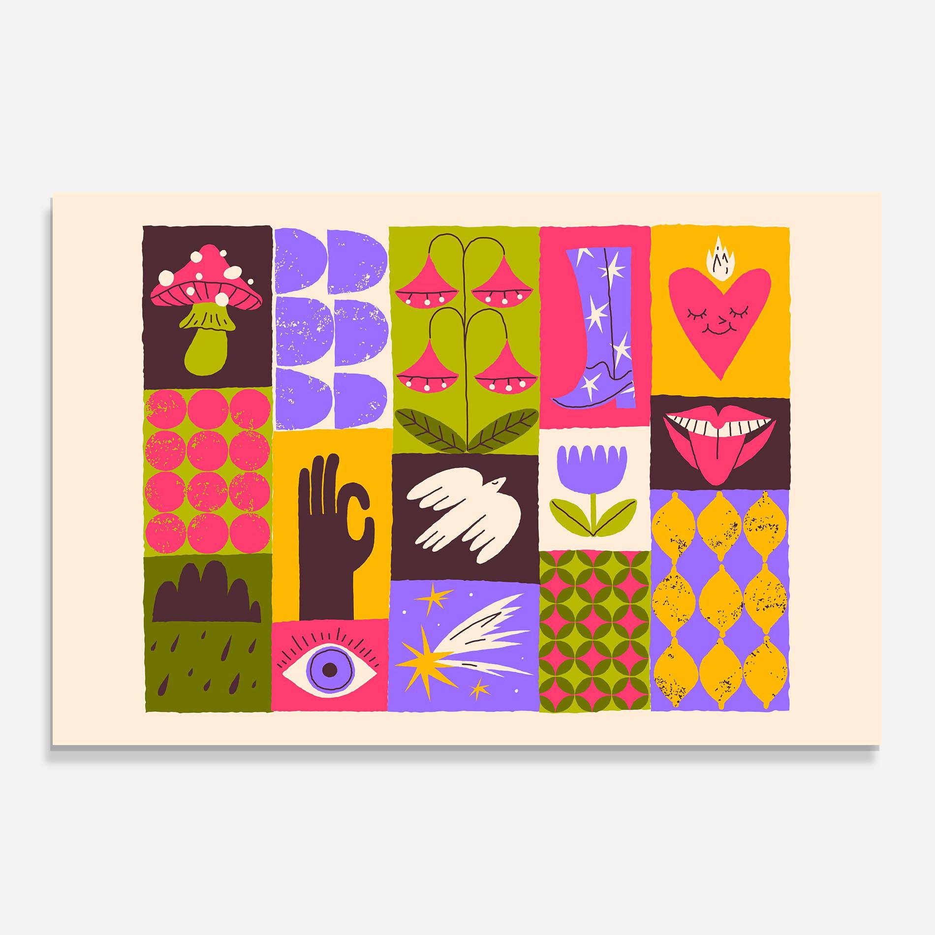 Konyhai üveg hátfal Green Purple Collage mockup 0