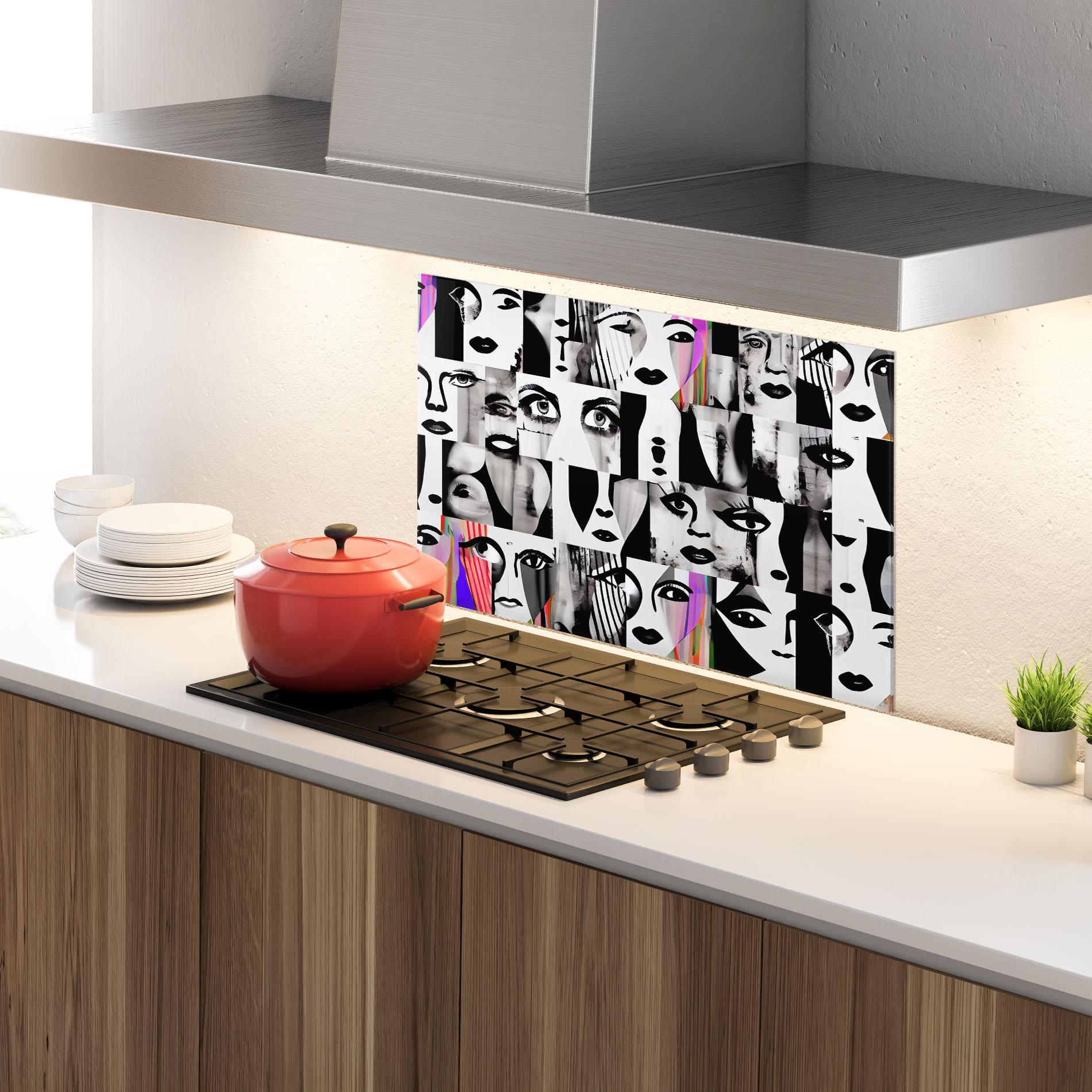 Konyhai üveg hátfal Black White Face mockup 4