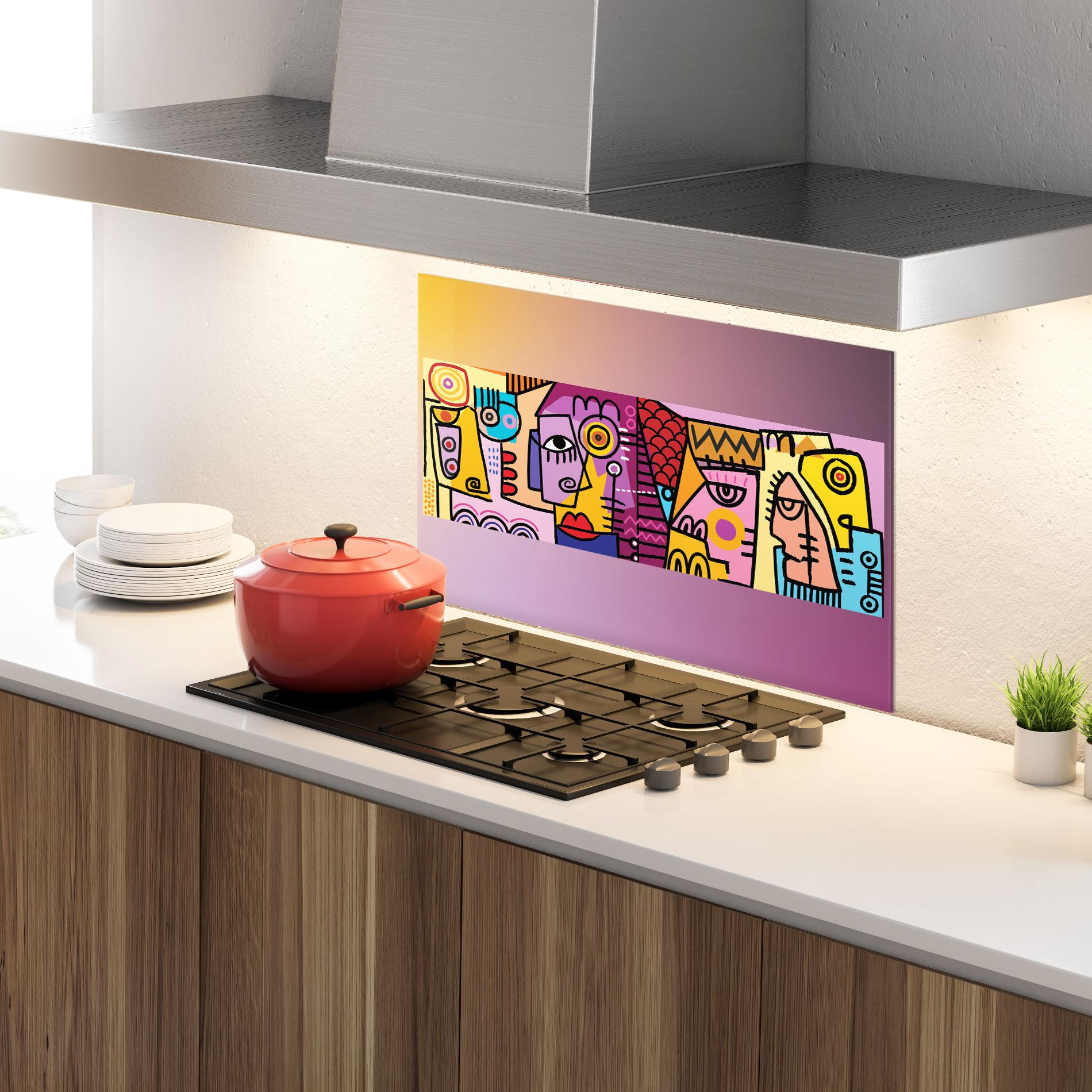 Konyhai üveg hátfal Face Group Purple mockup 4