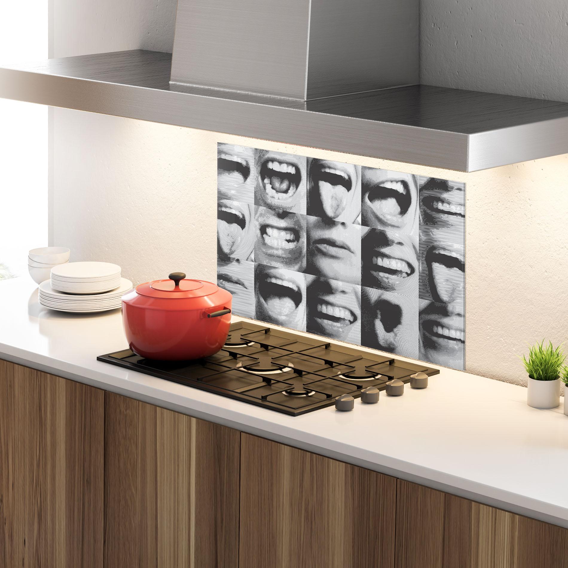 Konyhai üveg hátfal Grey Mouth Collage mockup 4