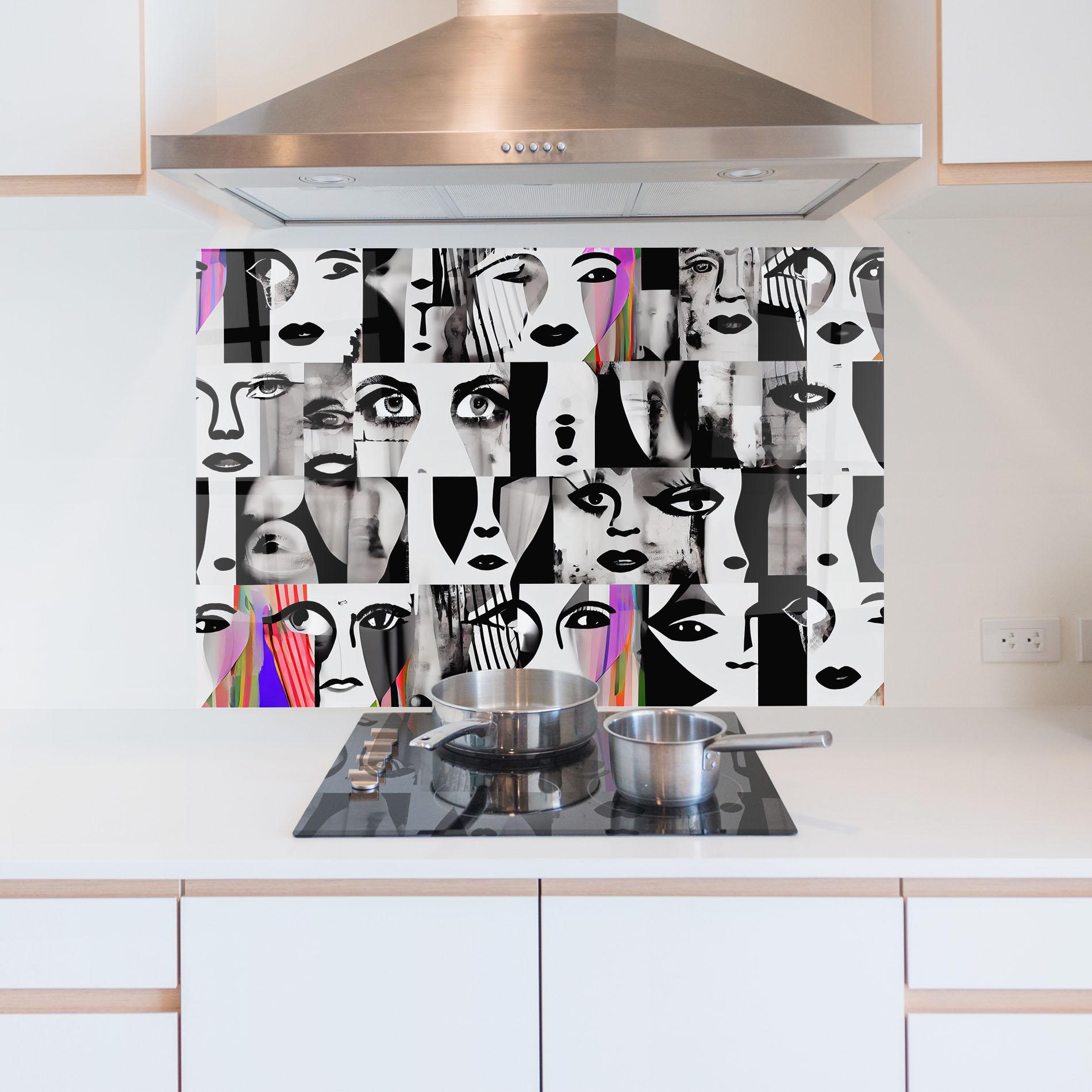 Konyhai üveg hátfal Black White Face mockup 5