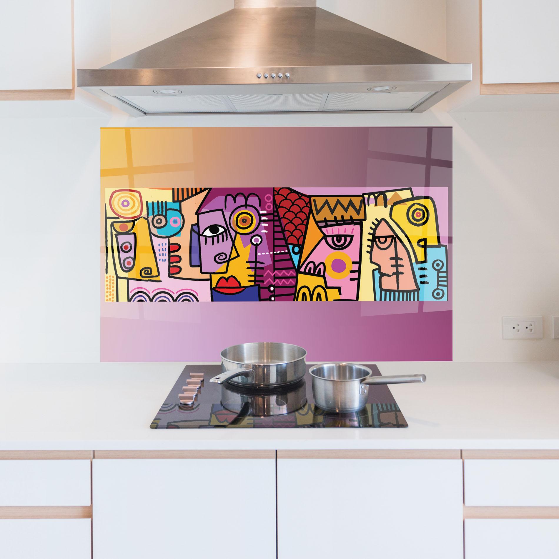 Konyhai üveg hátfal Face Group Purple mockup 5