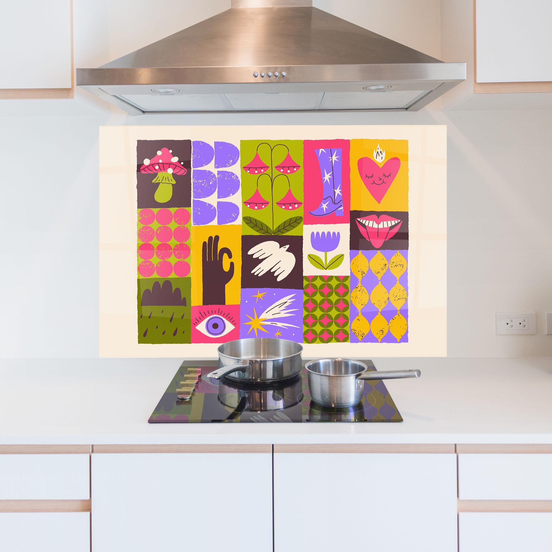 Konyhai üveg hátfal Green Purple Collage mockup 5