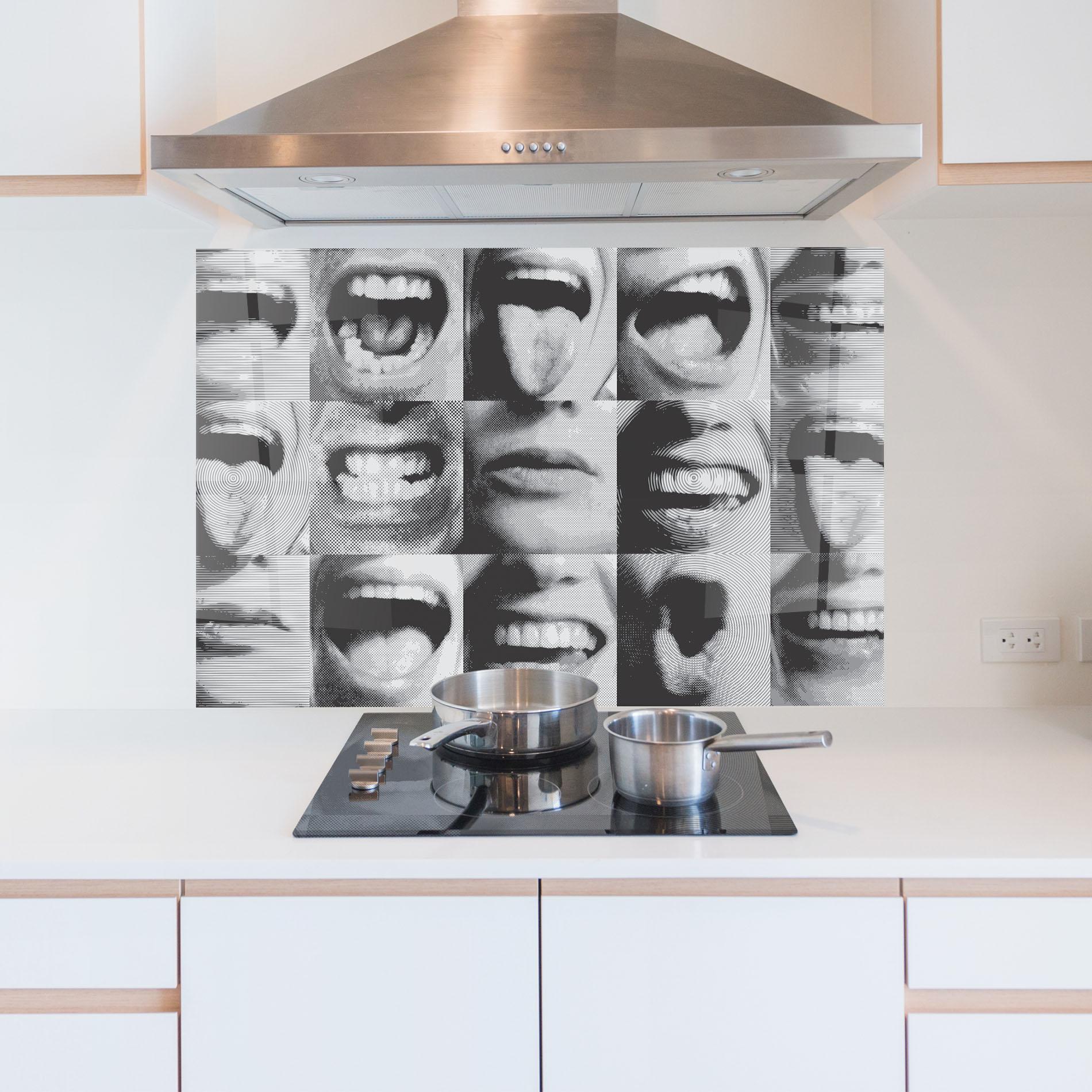 Konyhai üveg hátfal Grey Mouth Collage mockup 5