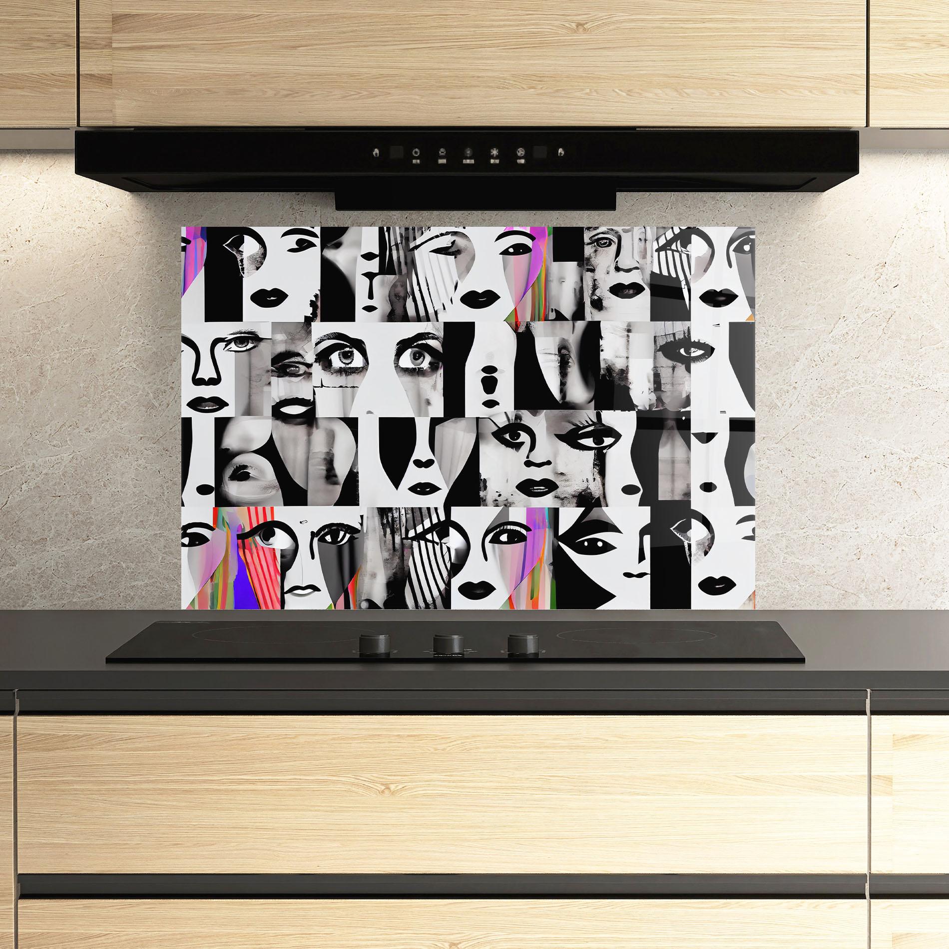 Konyhai üveg hátfal Black White Face mockup 3