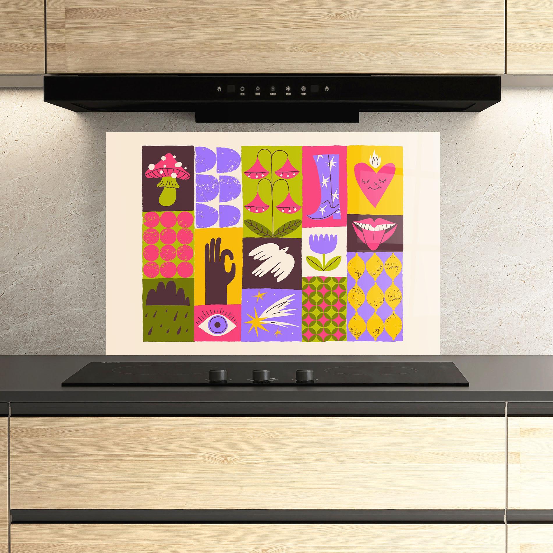 Konyhai üveg hátfal Green Purple Collage mockup 3