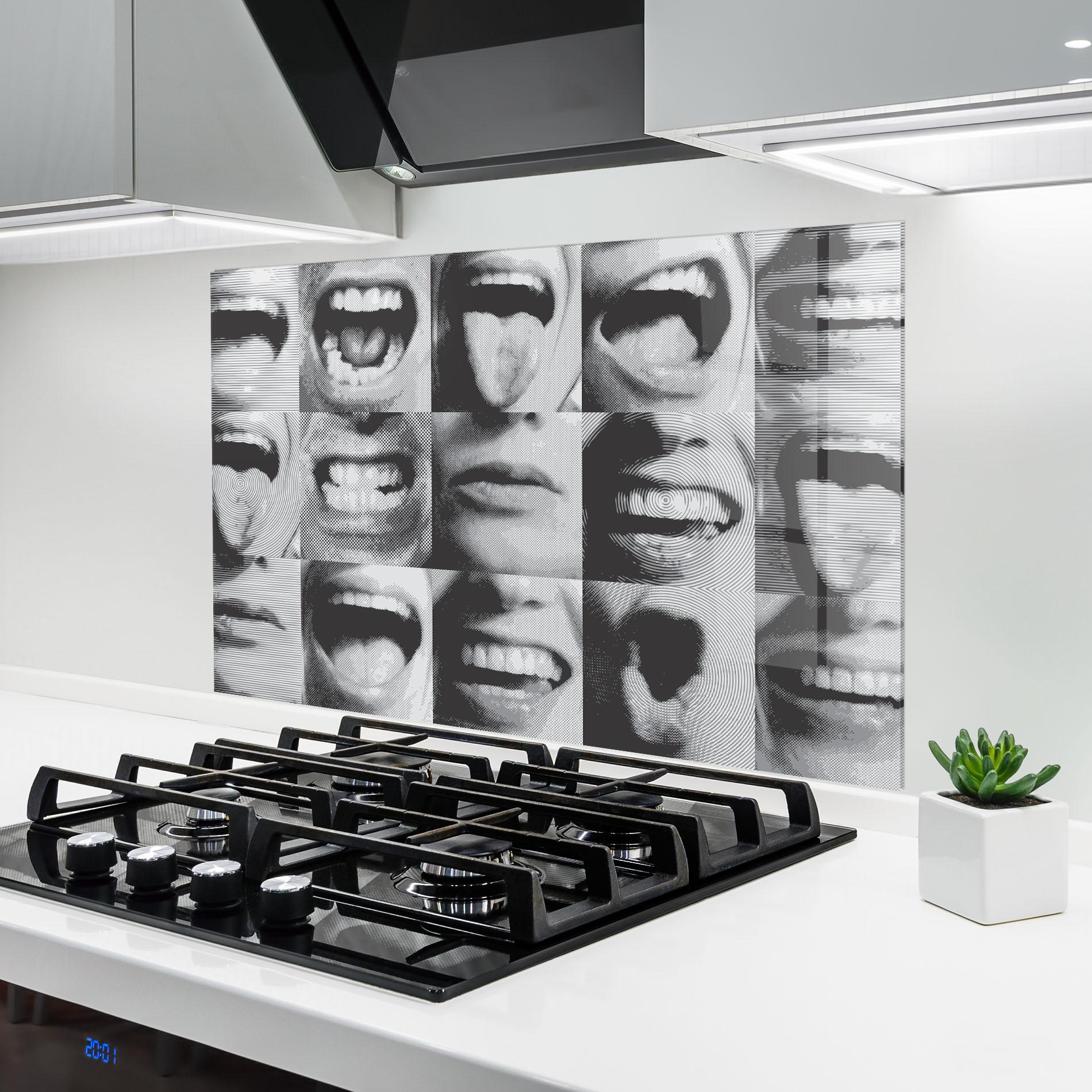 Konyhai üveg hátfal Grey Mouth Collage mockup 6