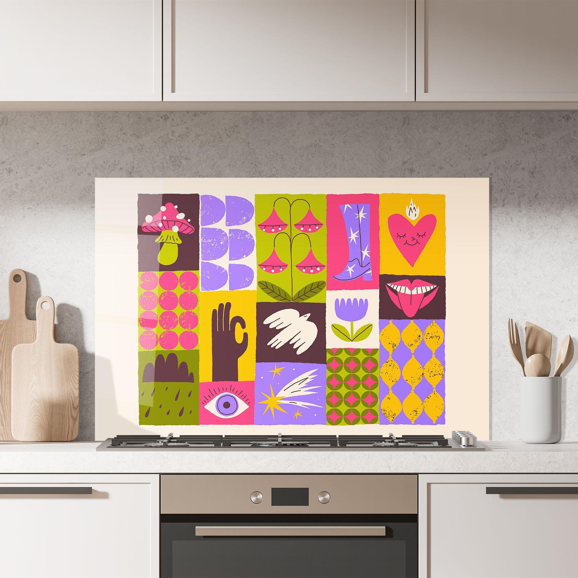 Konyhai üveg hátfal Green Purple Collage mockup 7