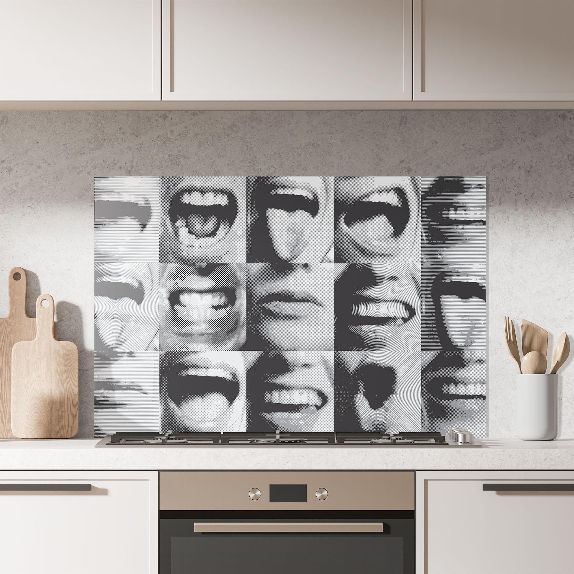 Konyhai üveg hátfal Grey Mouth Collage mockup 7