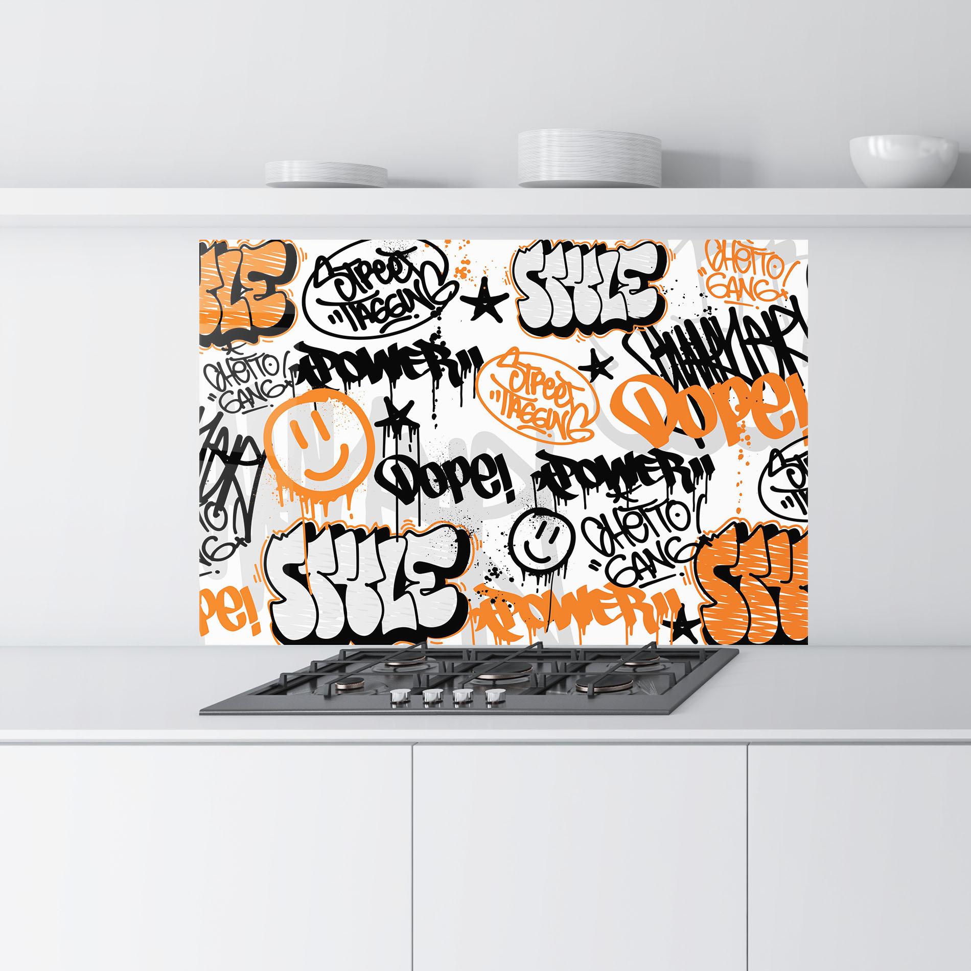 Konyhai üveg hátfal Black Orange Graffiti mockup 9