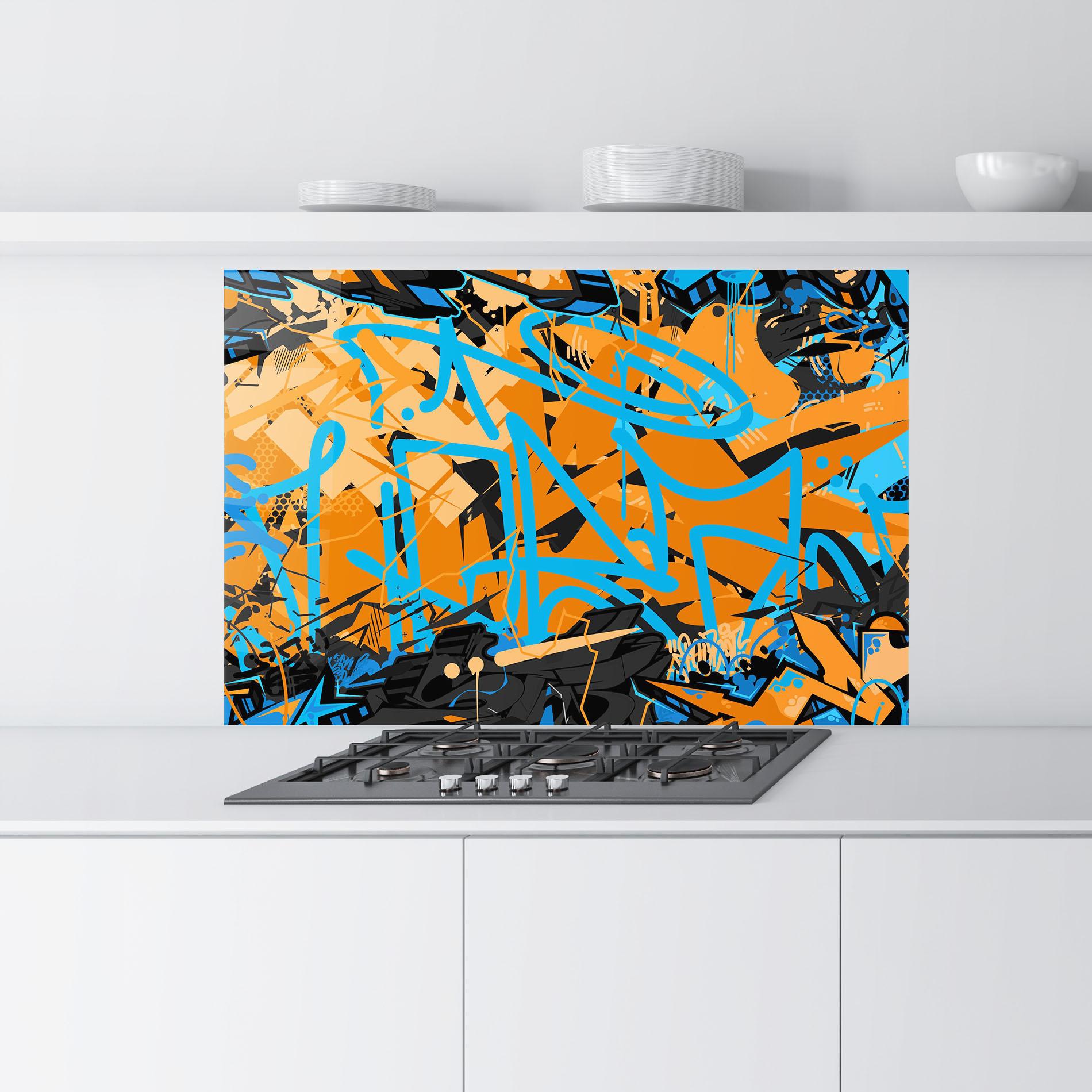 Konyhai üveg hátfal Blue Orange Graffiti mockup 9